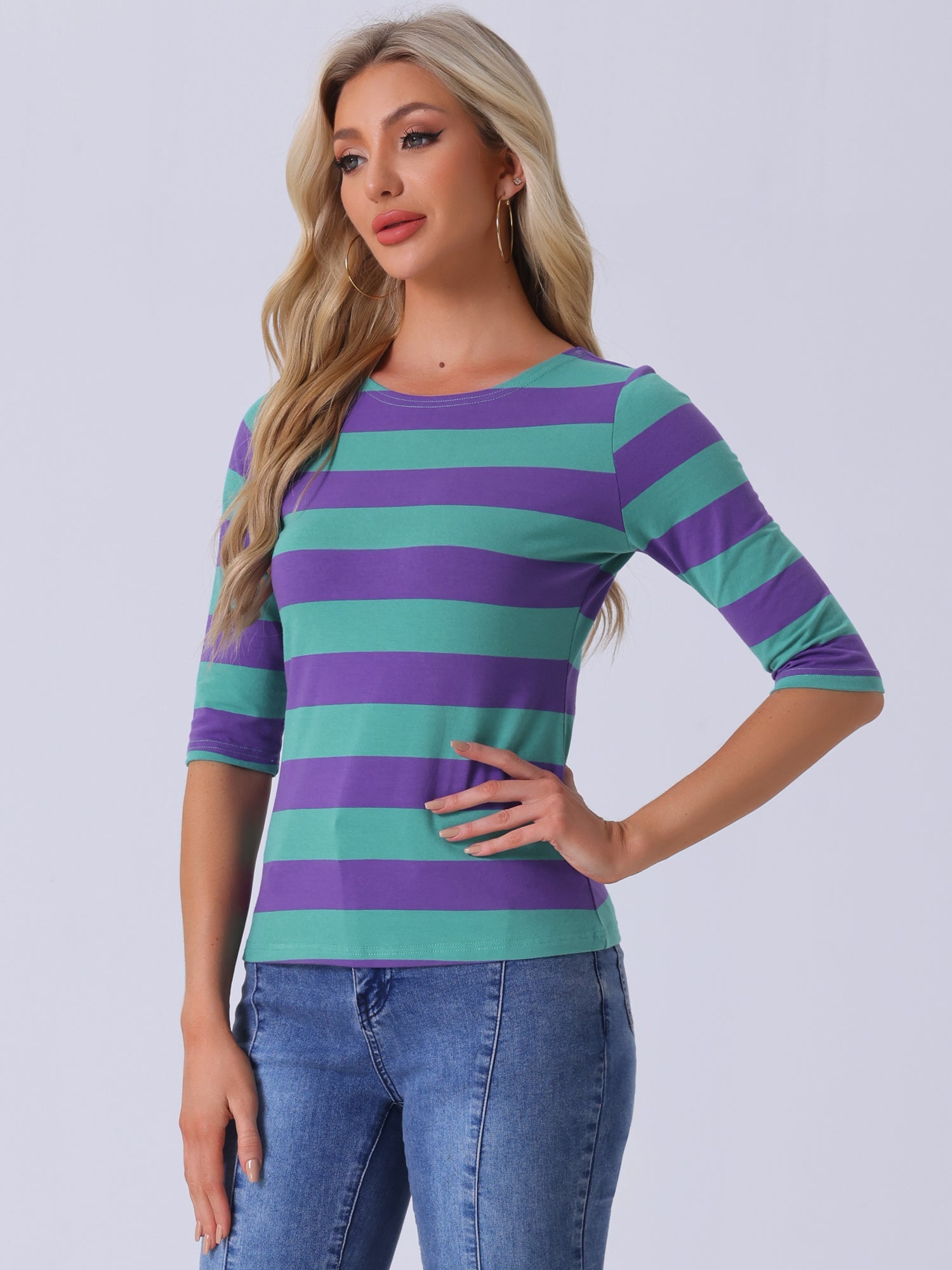 Striped 3/4 Sleeve Casual Basic Boat Neck T-shirt