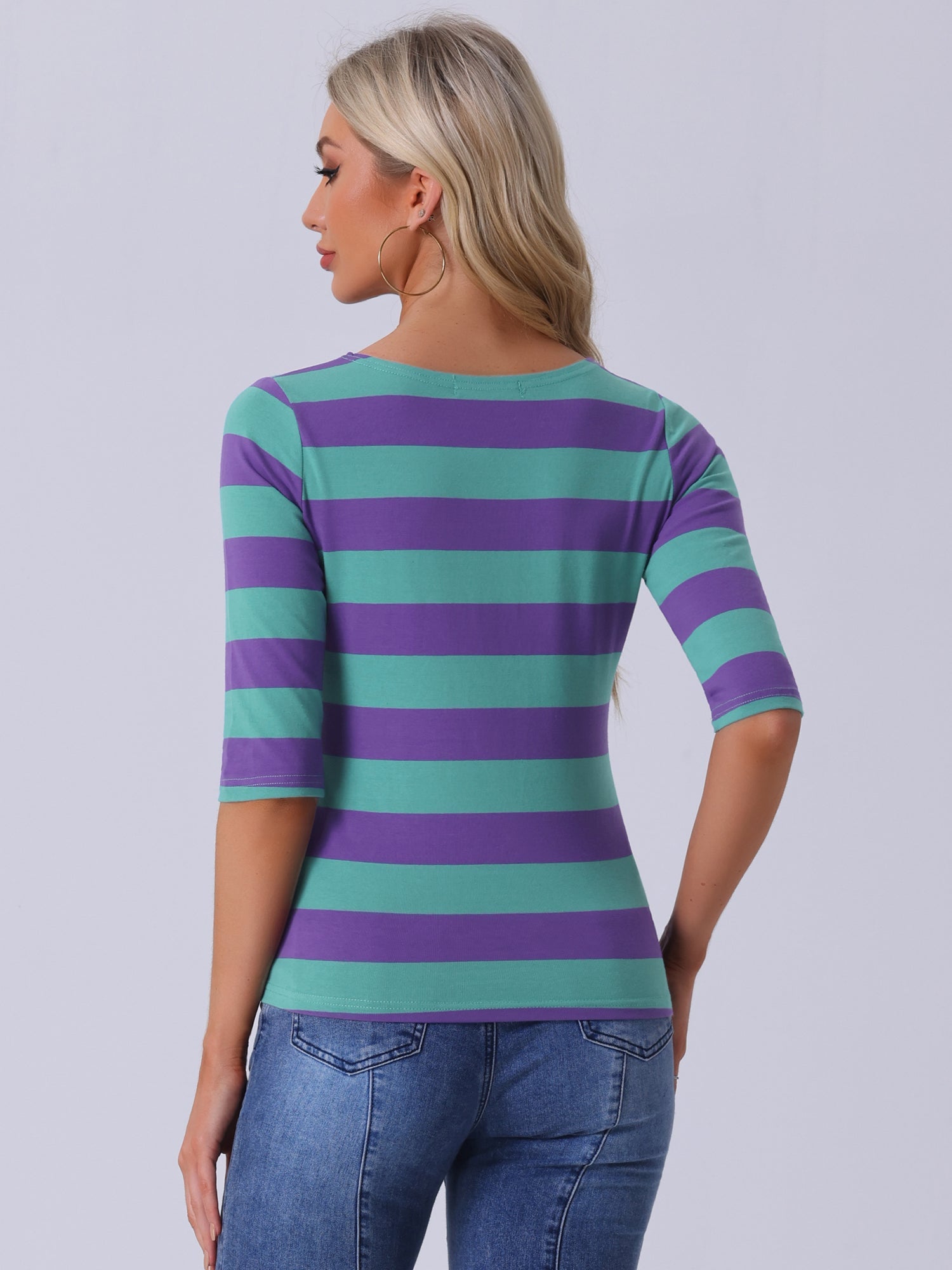 Striped 3/4 Sleeve Casual Basic Boat Neck T-shirt