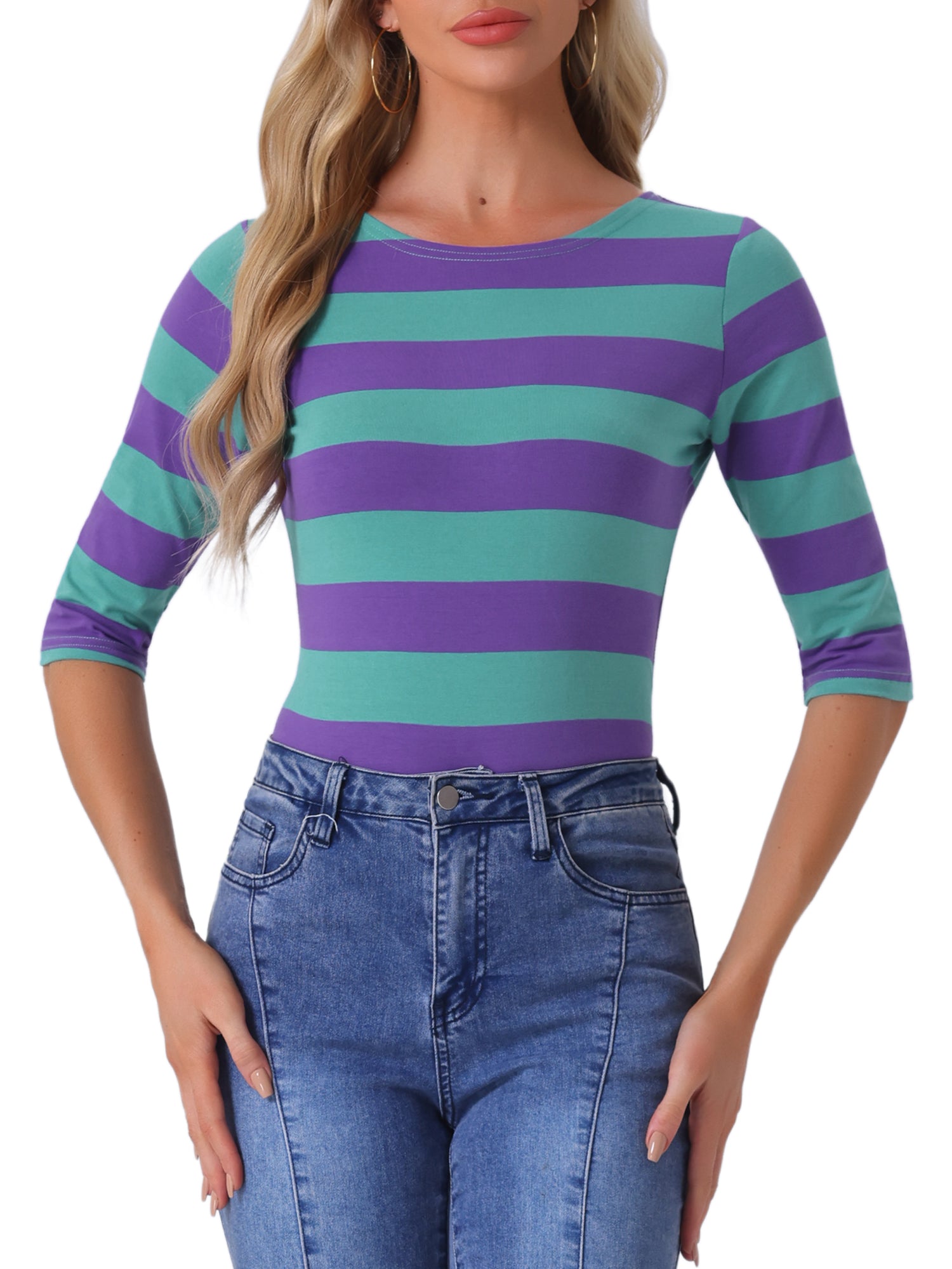 Striped 3/4 Sleeve Casual Basic Boat Neck T-shirt