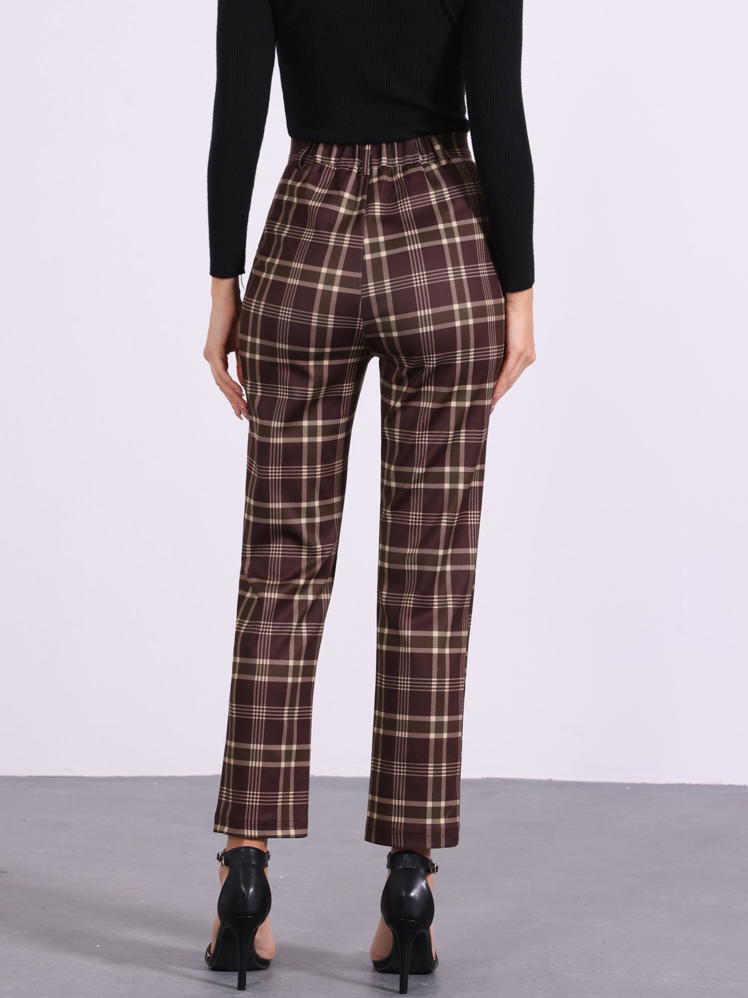Plaid Cropped Trousers Button Casual Tartan Check Work Pants