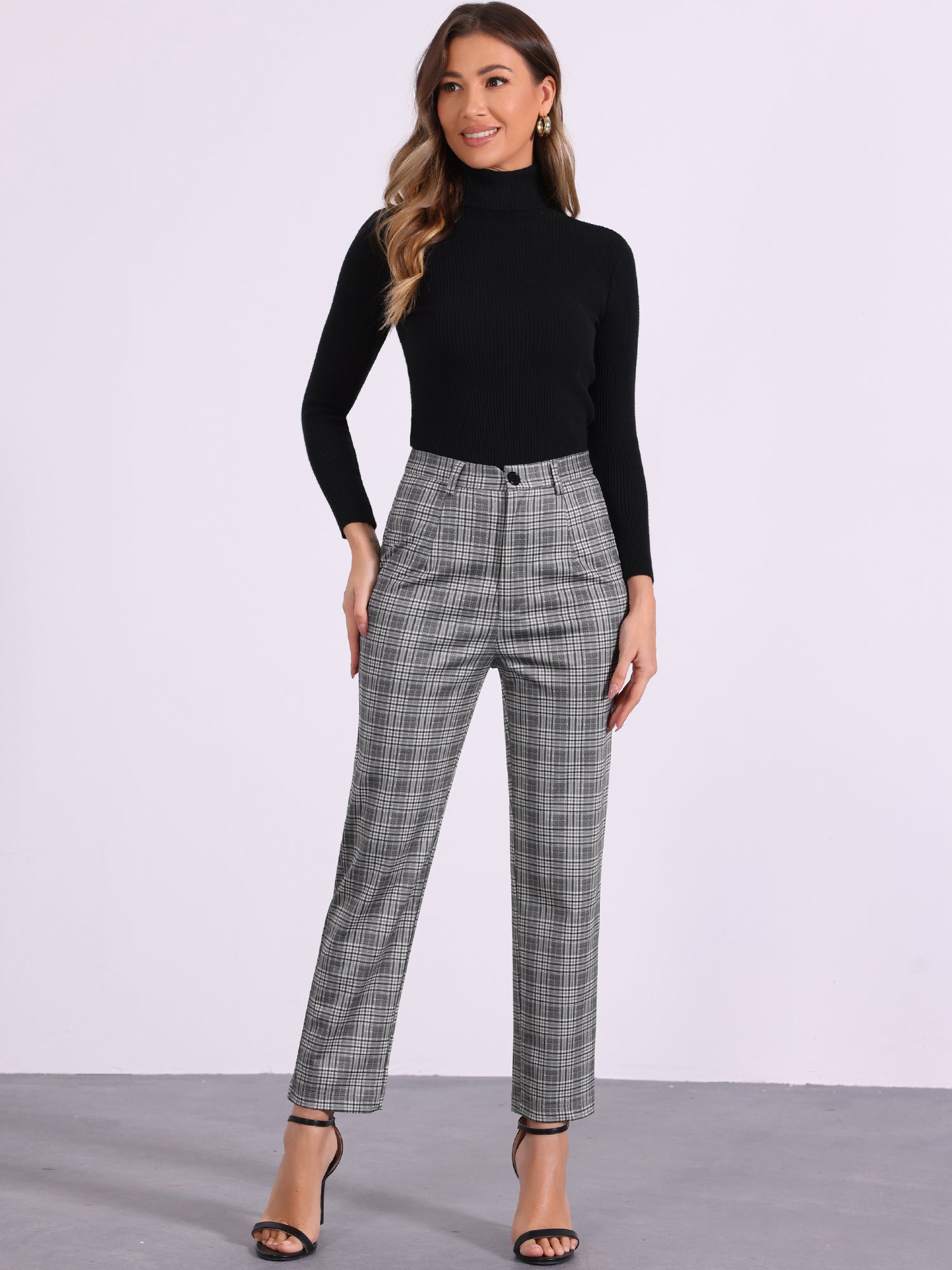 Plaid Cropped Trousers Button Casual Tartan Check Work Pants