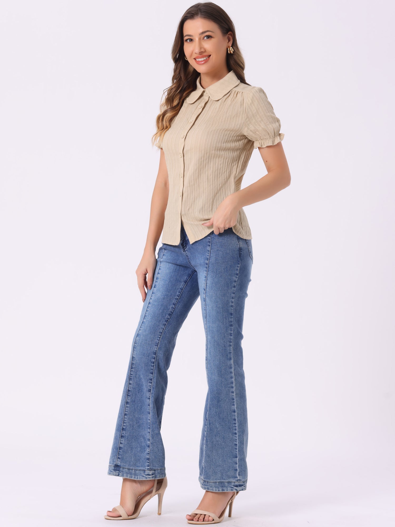 Cotton Frilled Top Turndown Collar Solid Blouse Shirt