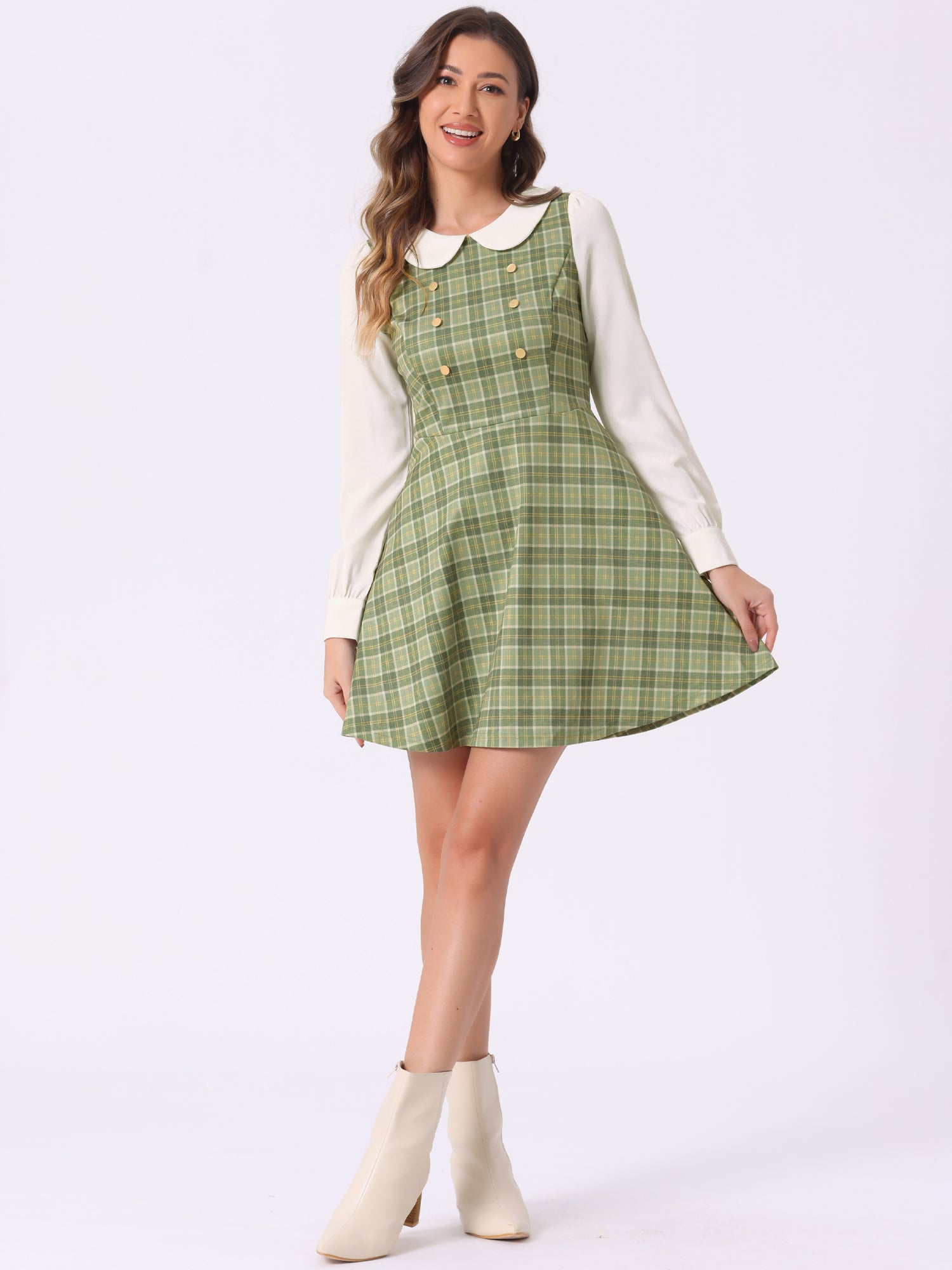 Peter Pan Collar Contrast Color Button Decor Plaid Dress
