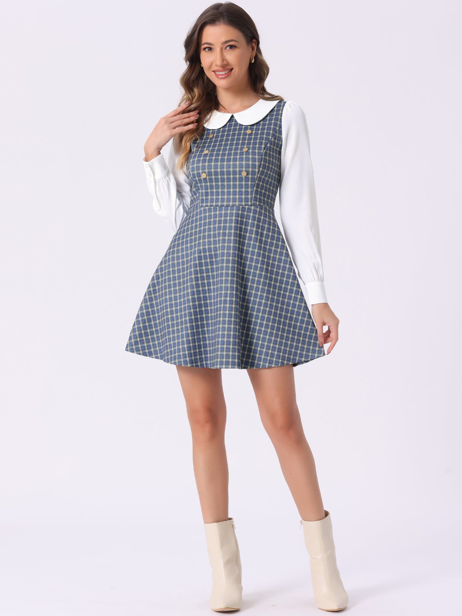 Peter Pan Collar Contrast Color Button Decor Plaid Dress