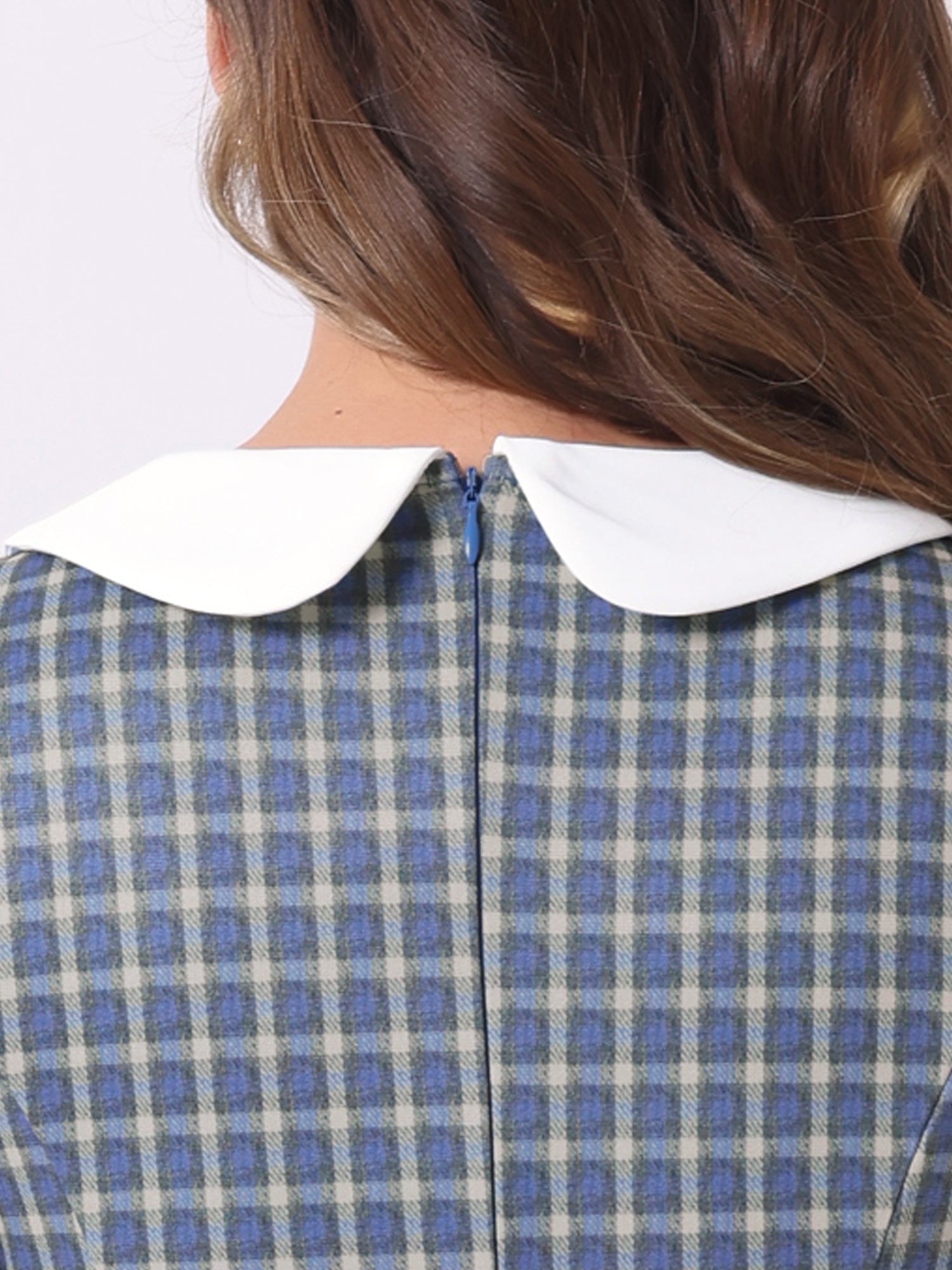 Peter Pan Collar Contrast Color Button Decor Plaid Dress