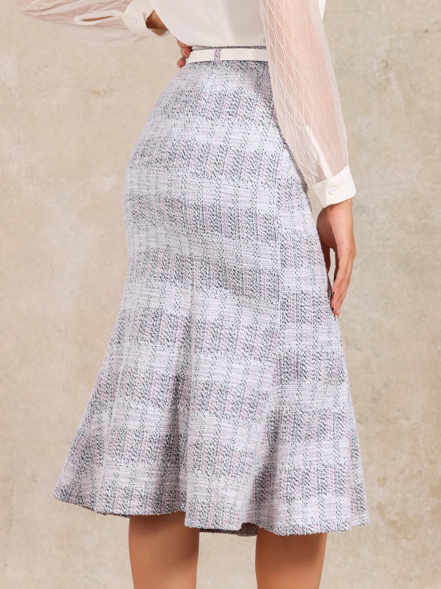 Plaid Belted Fishtail Bodycon Tweed Midi Skirt