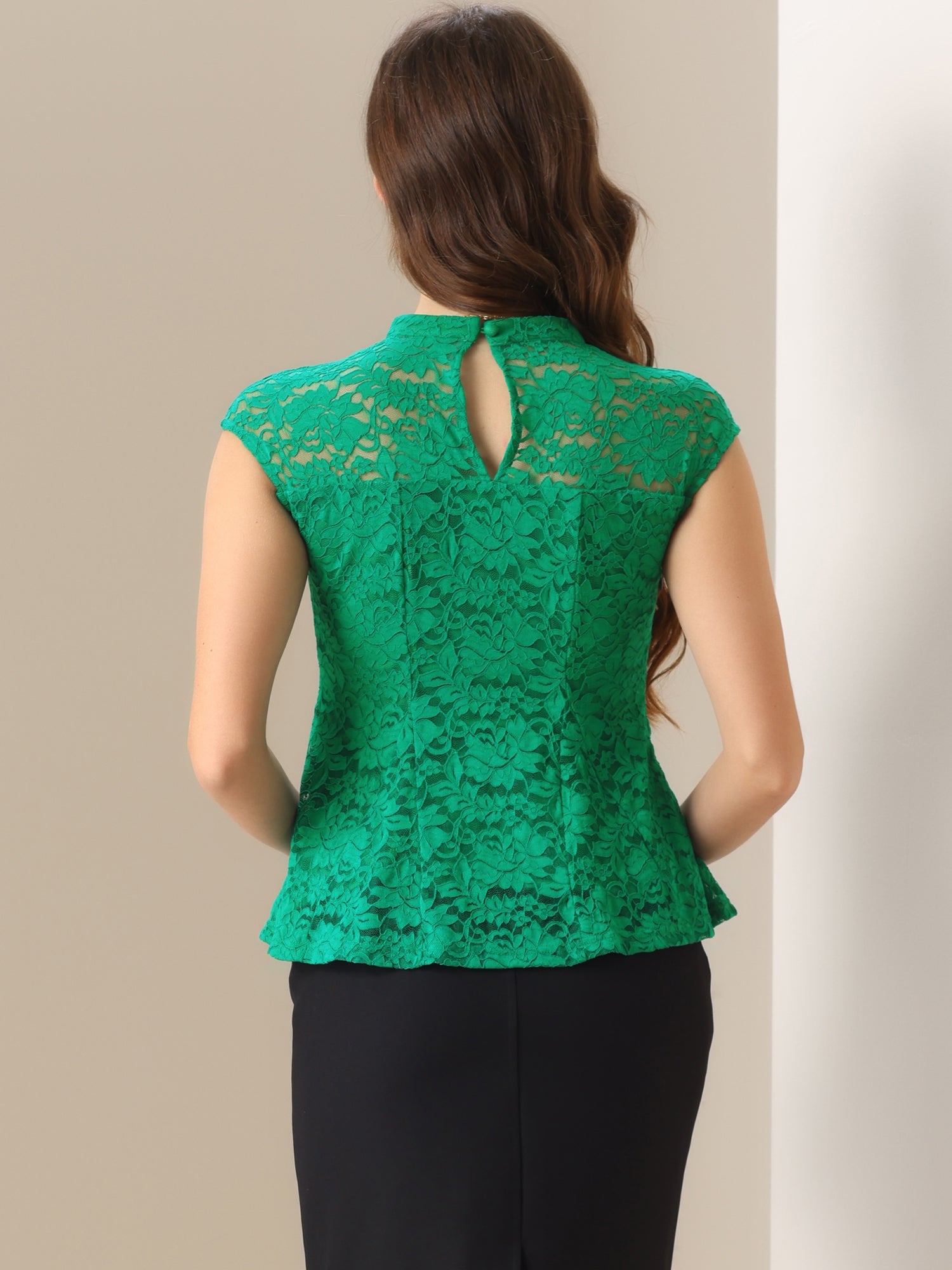 Crochet Peplum Floral Mock Neck Cap Sleeve Lace Blouse