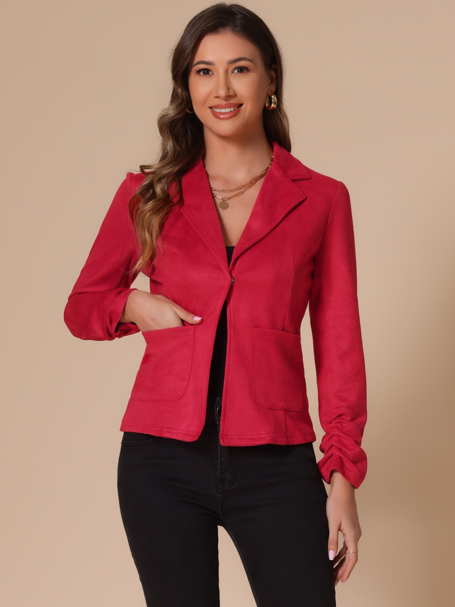 Long Sleeve Casual Open Front Drawstring Faux Suede Blazer