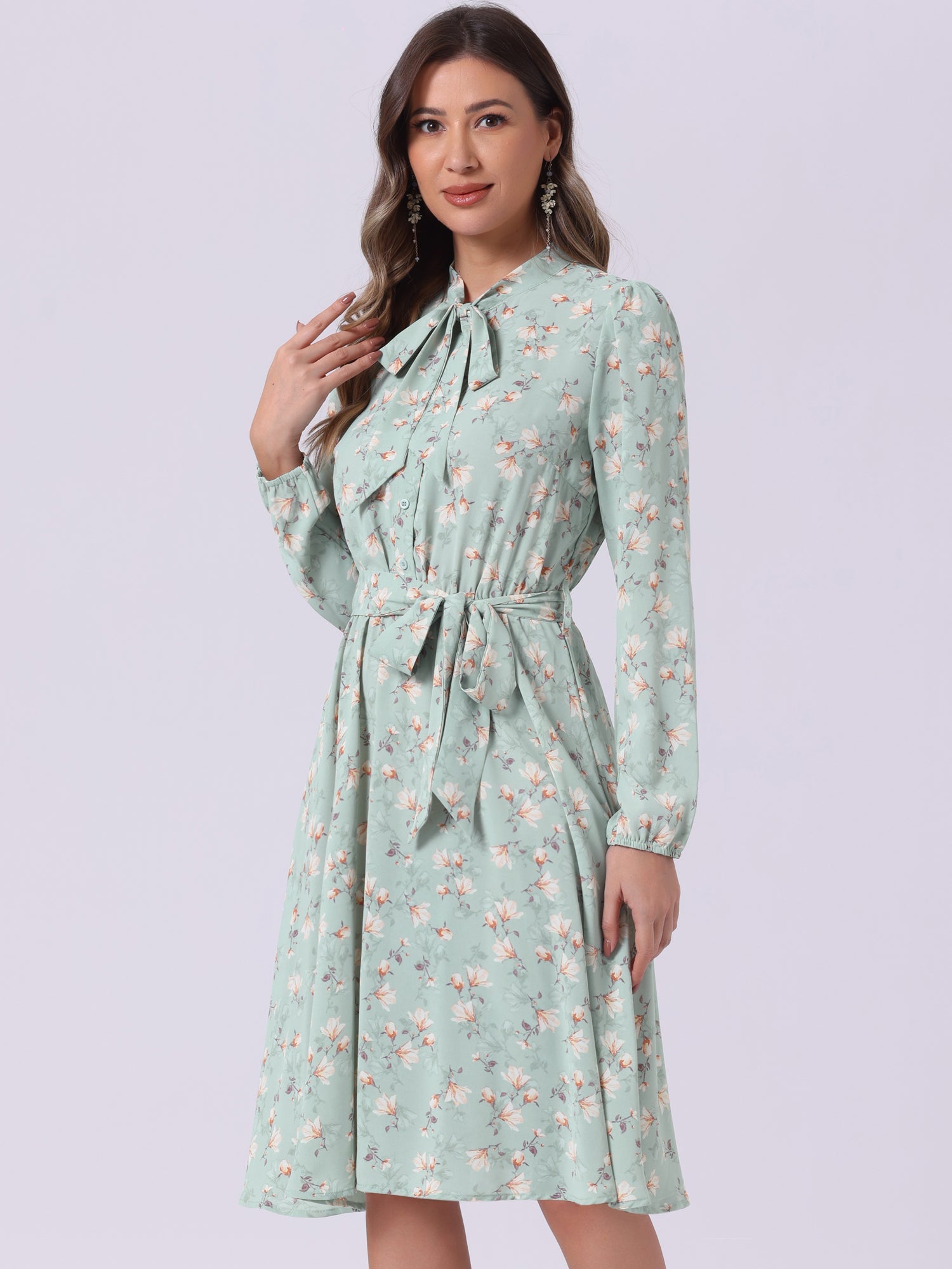Tie Neck Chiffon Long Sleeve Belted Vintage Floral Dress