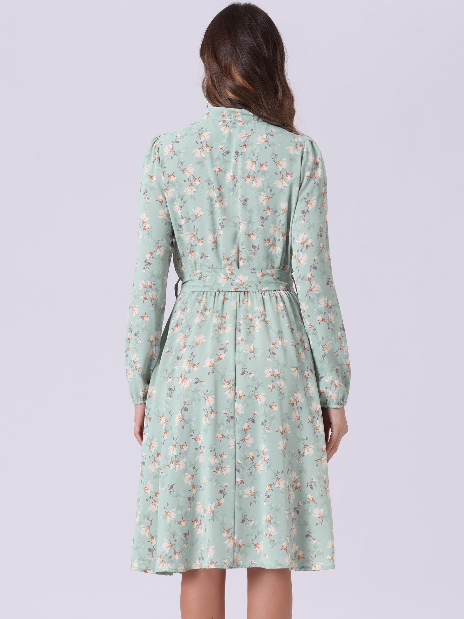 Tie Neck Chiffon Long Sleeve Belted Vintage Floral Dress