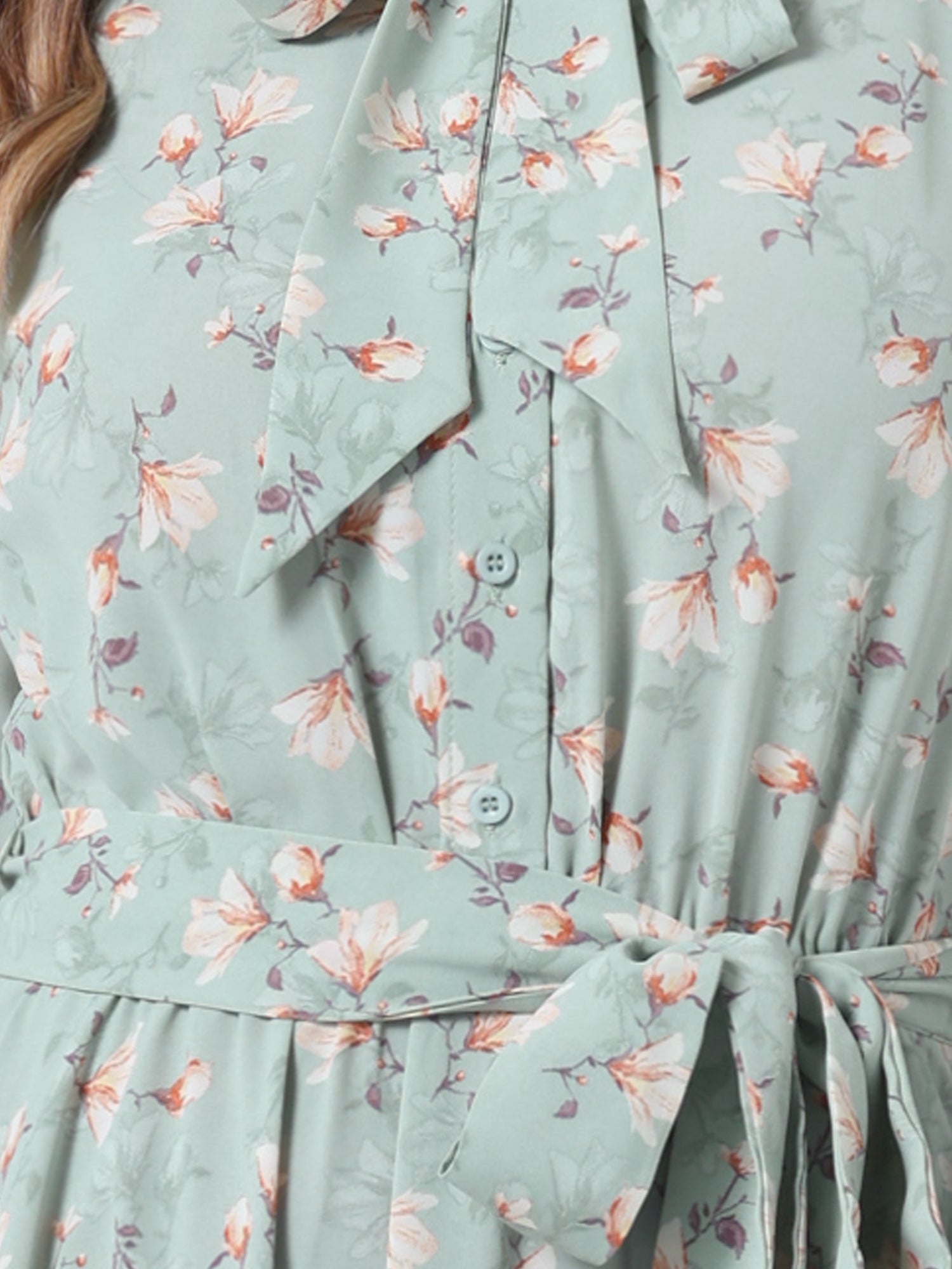 Tie Neck Chiffon Long Sleeve Belted Vintage Floral Dress