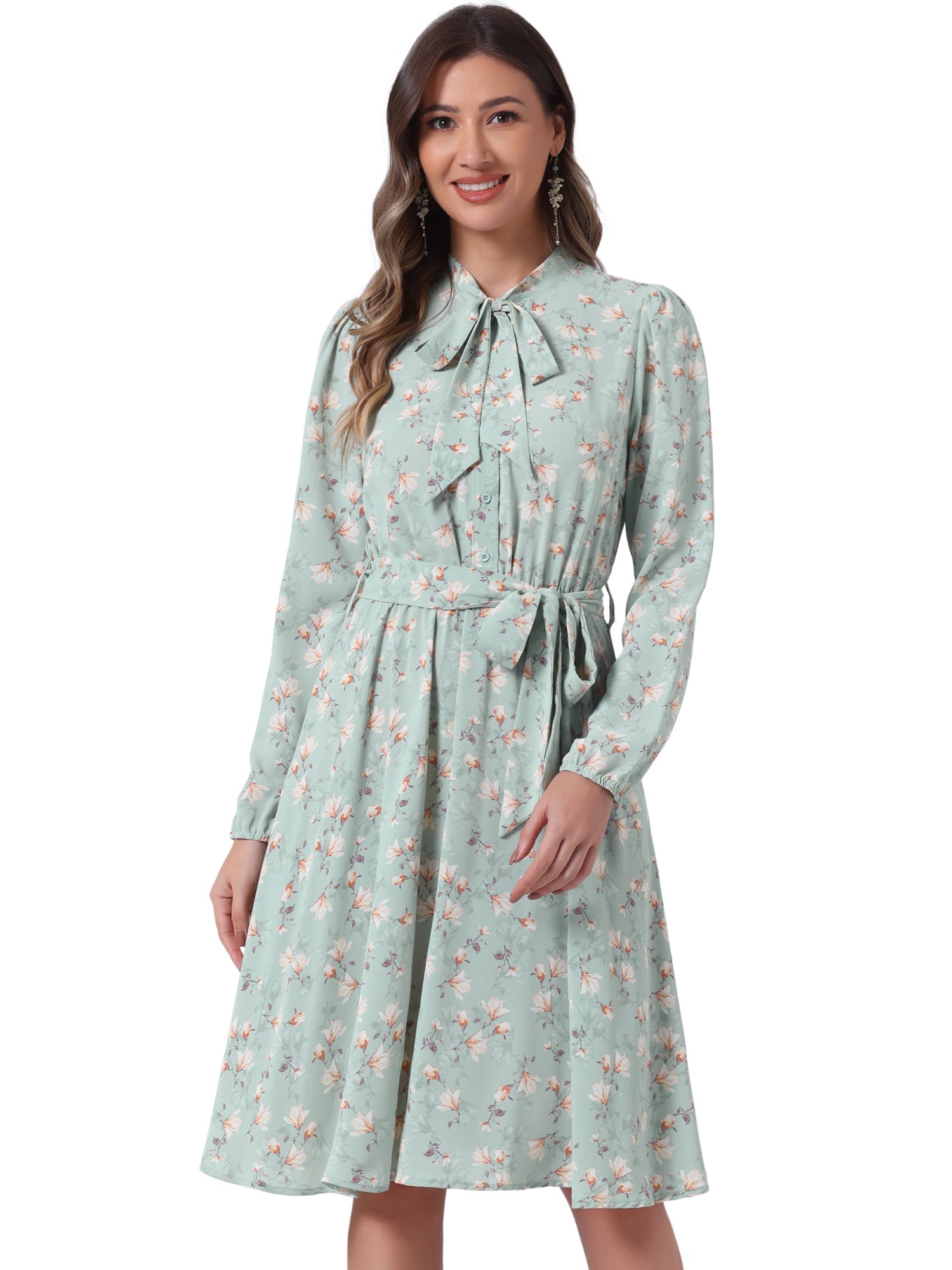 Tie Neck Chiffon Long Sleeve Belted Vintage Floral Dress