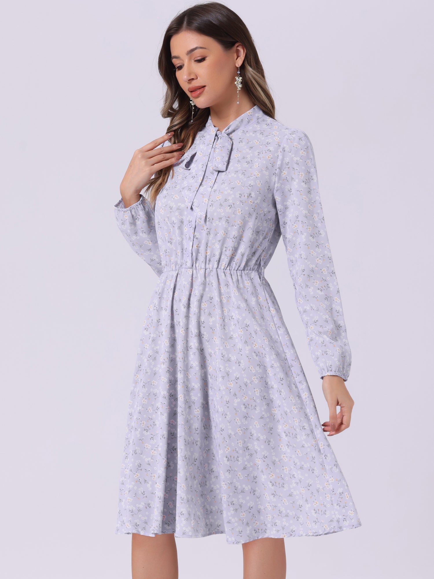 Tie Neck Chiffon Long Sleeve Belted Vintage Floral Dress