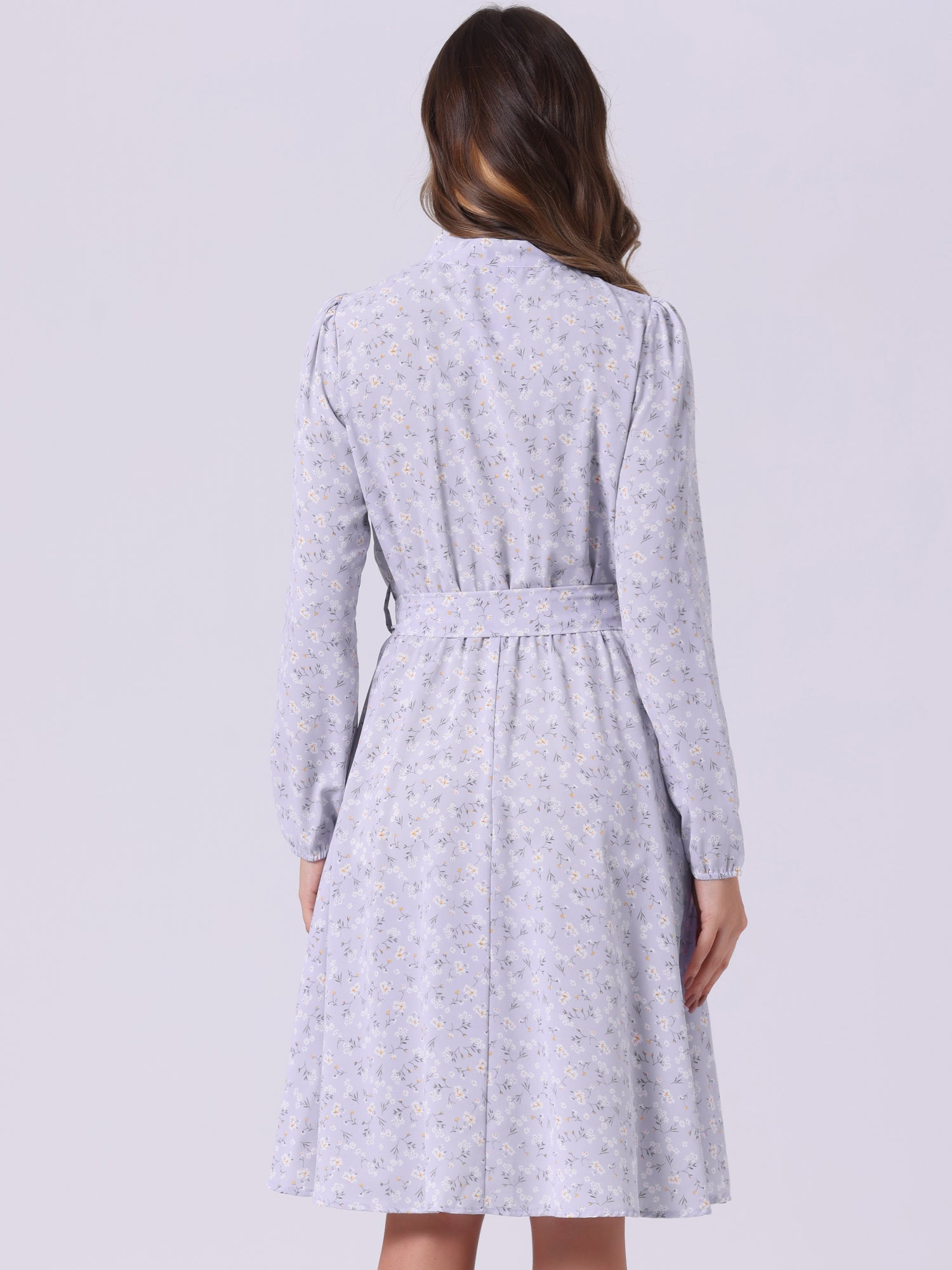 Tie Neck Chiffon Long Sleeve Belted Vintage Floral Dress