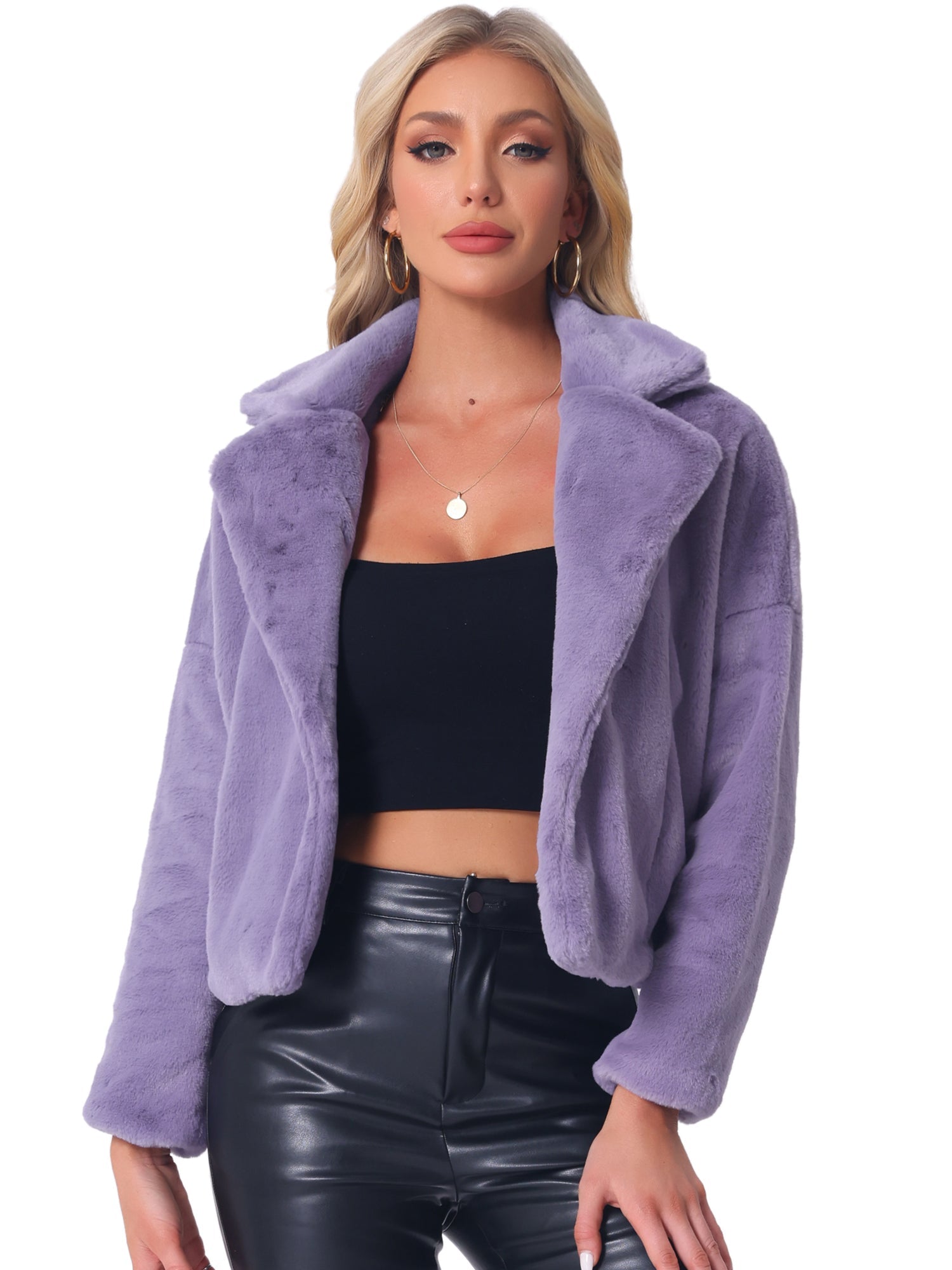 Allegra K Cropped Notch Lapel Faux Fur Fluffy Jacket