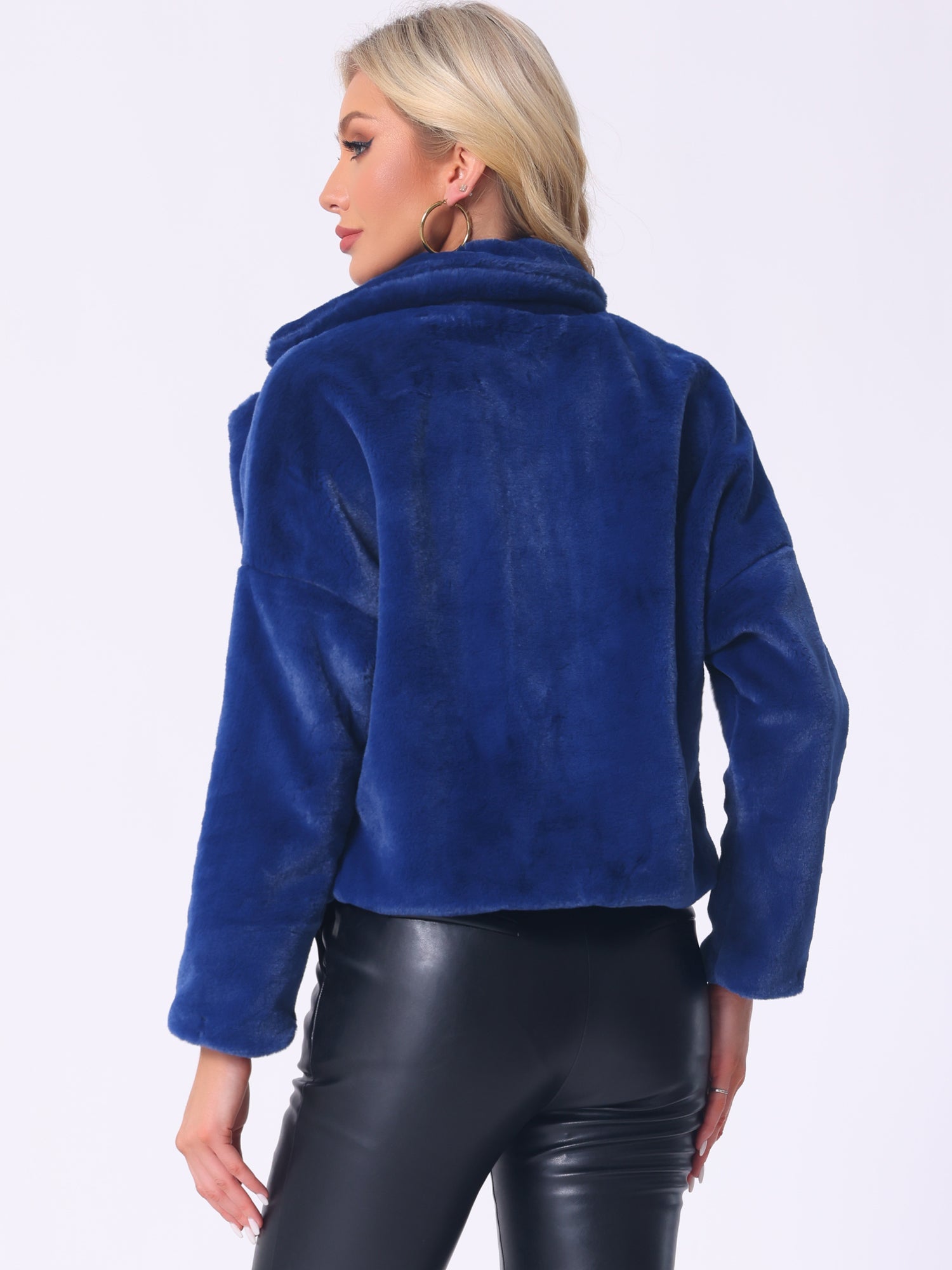 Allegra K Cropped Notch Lapel Faux Fur Fluffy Jacket