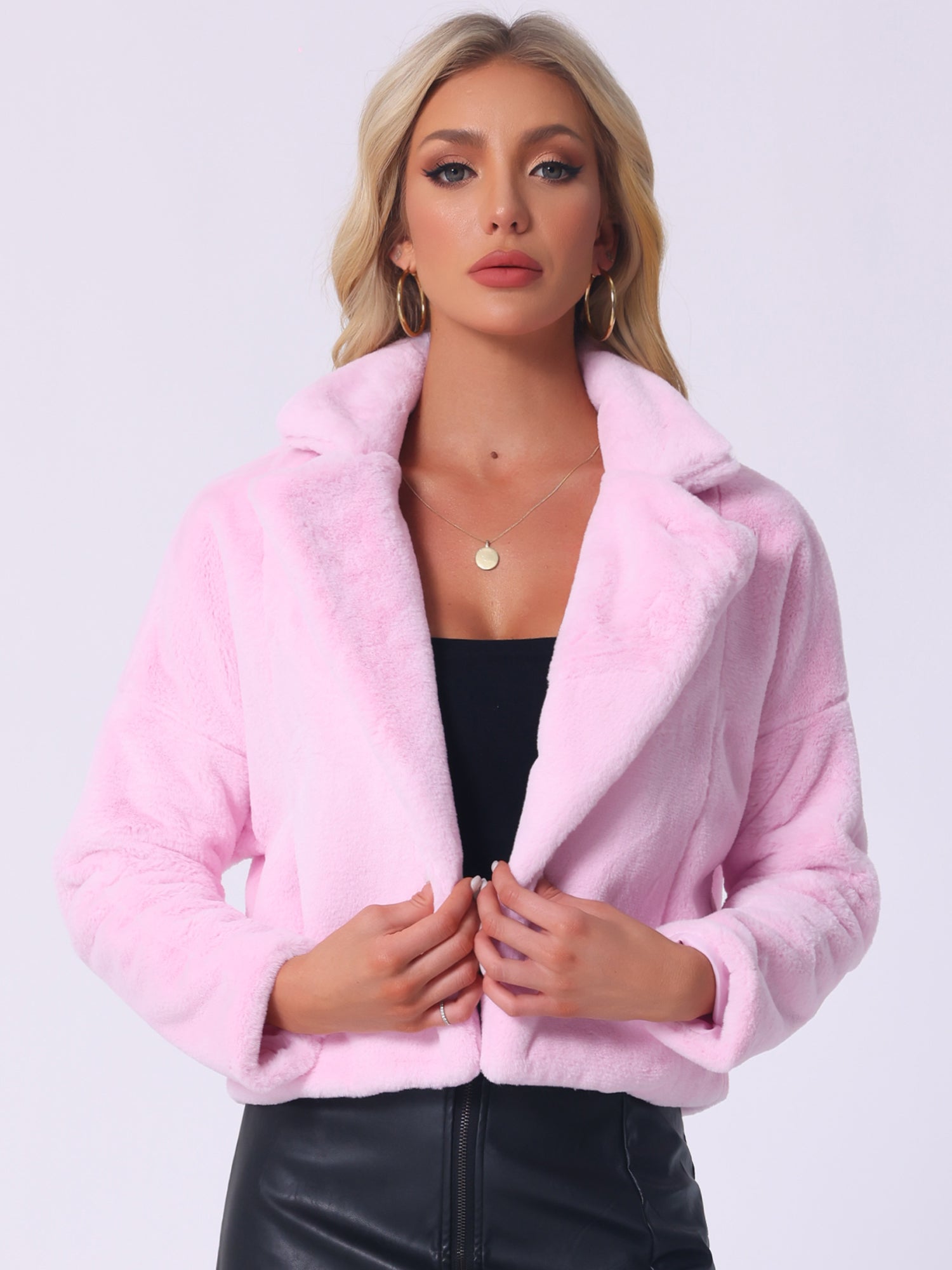 Allegra K Cropped Notch Lapel Faux Fur Fluffy Jacket