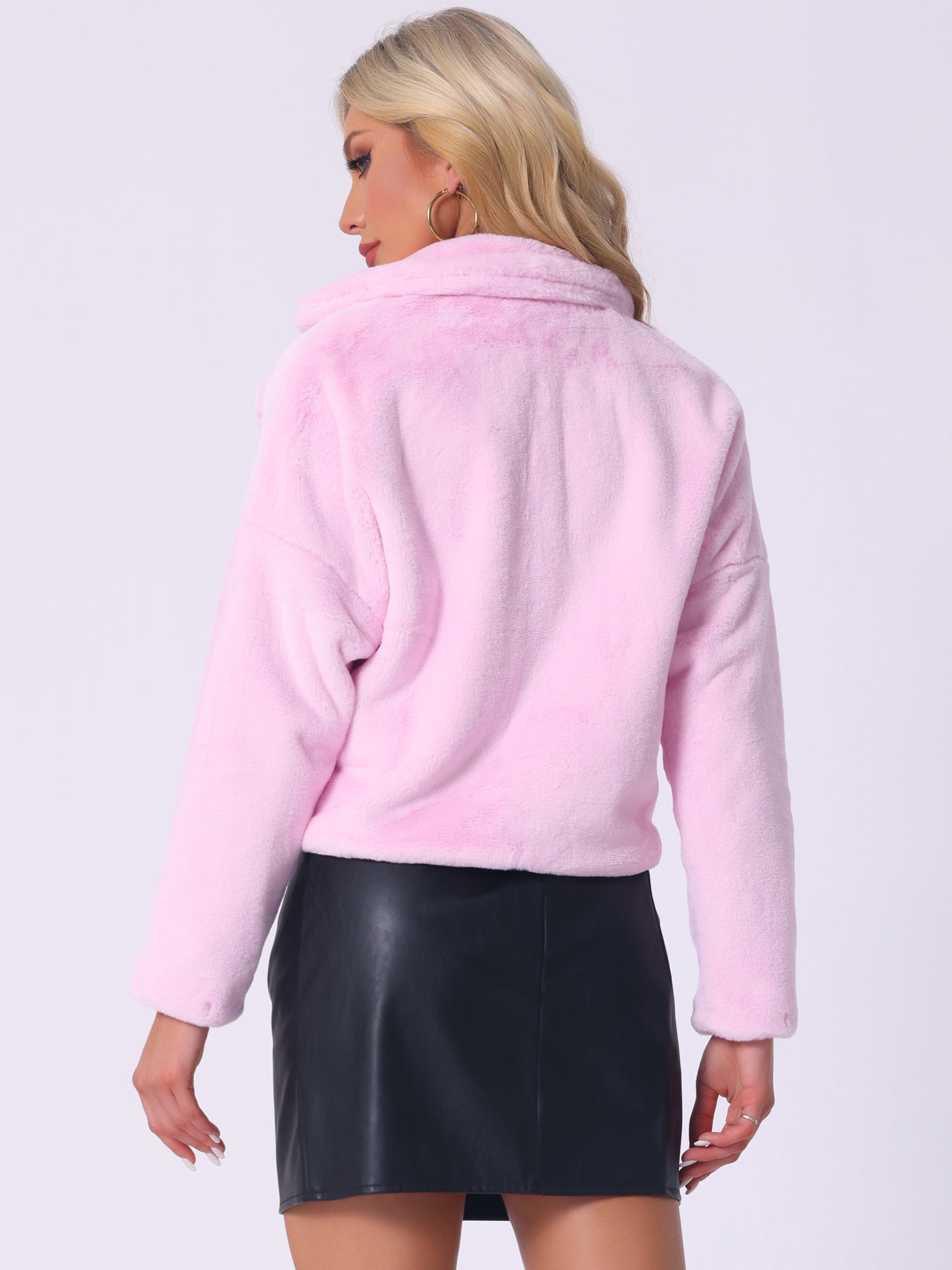 Allegra K Cropped Notch Lapel Faux Fur Fluffy Jacket