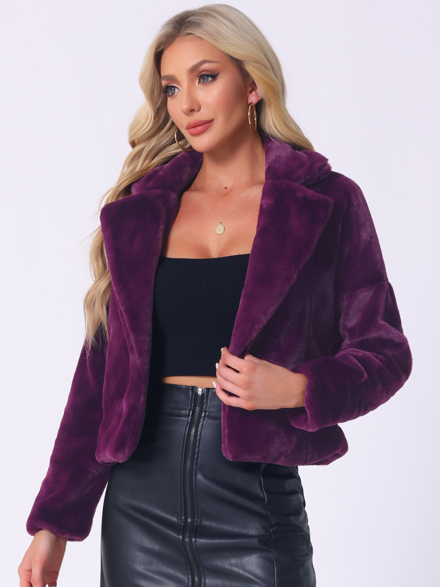 Allegra K Cropped Notch Lapel Faux Fur Fluffy Jacket