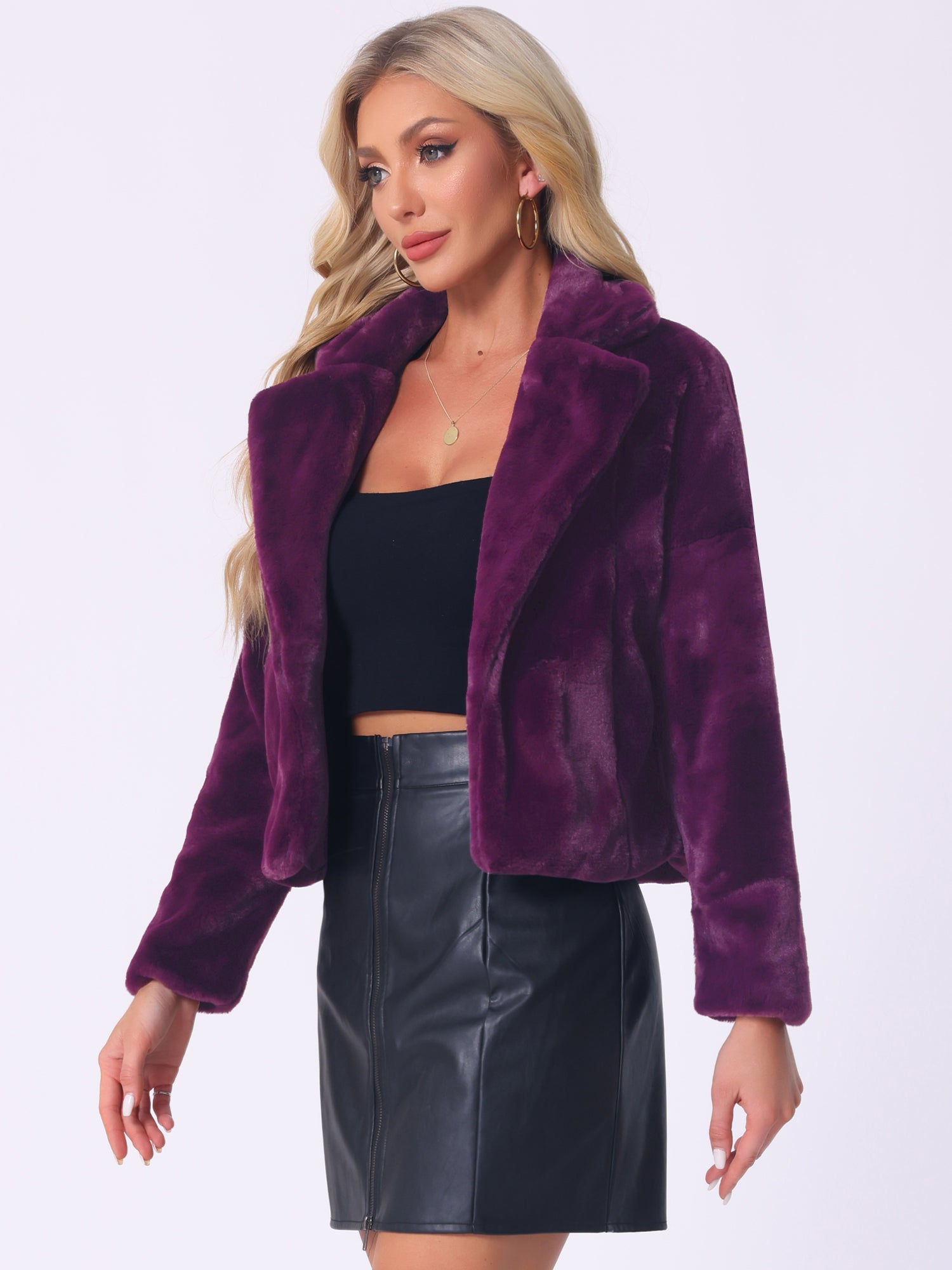 Allegra K Cropped Notch Lapel Faux Fur Fluffy Jacket