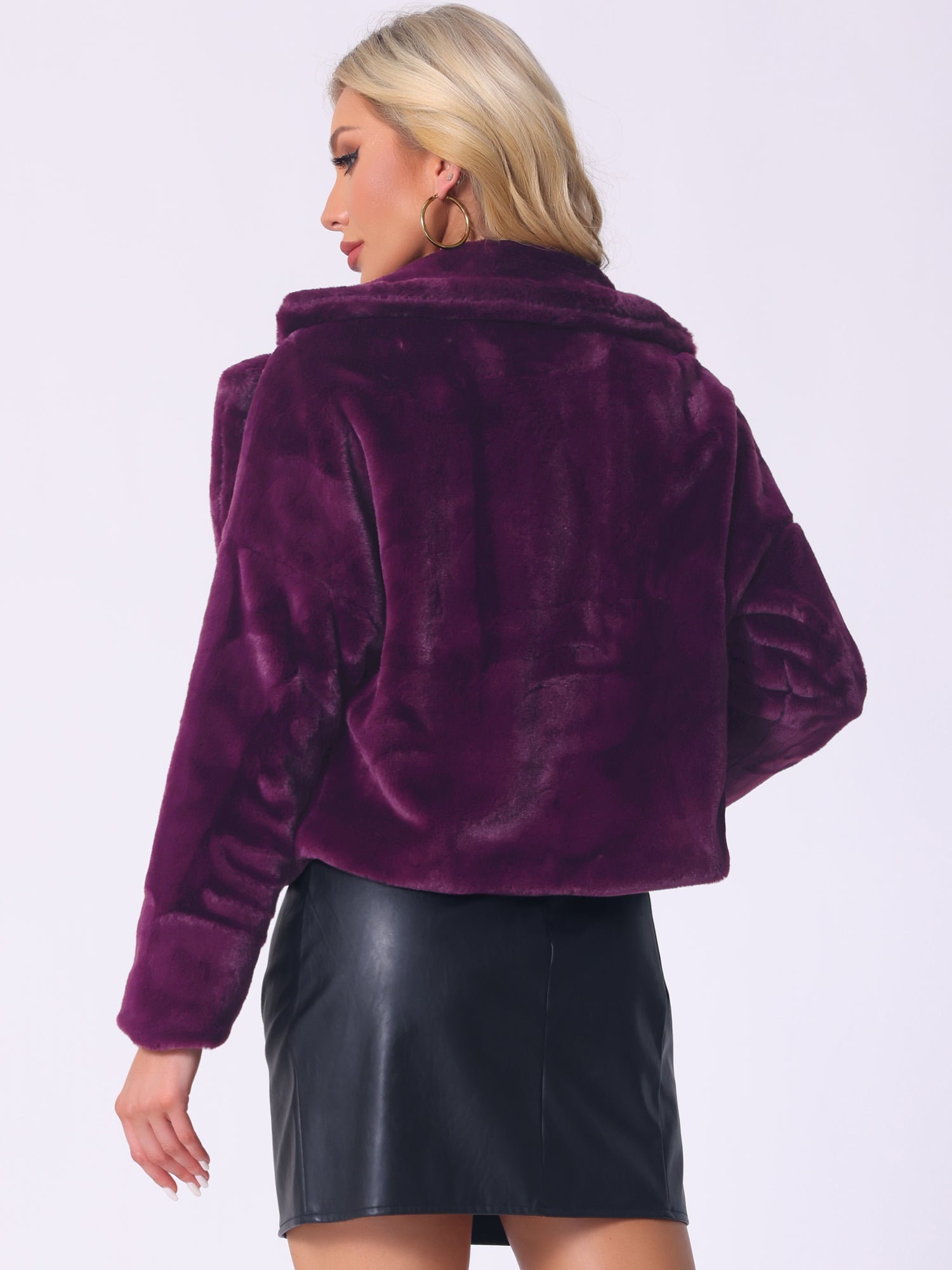 Allegra K Cropped Notch Lapel Faux Fur Fluffy Jacket