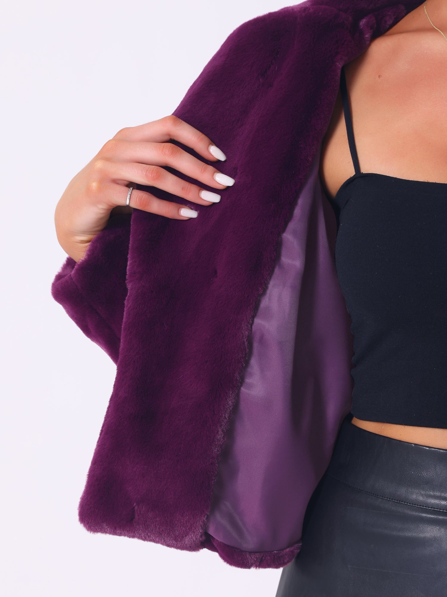 Allegra K Cropped Notch Lapel Faux Fur Fluffy Jacket