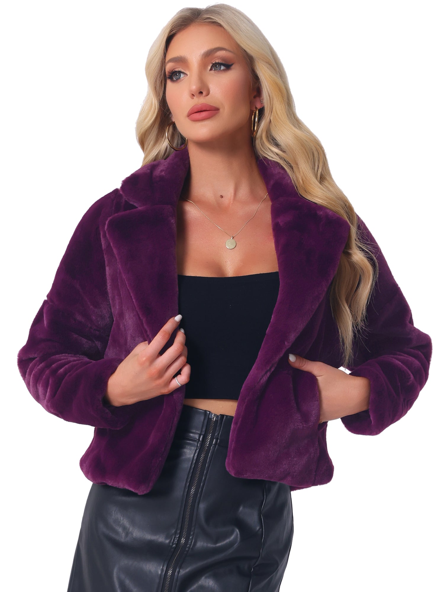 Allegra K Cropped Notch Lapel Faux Fur Fluffy Jacket
