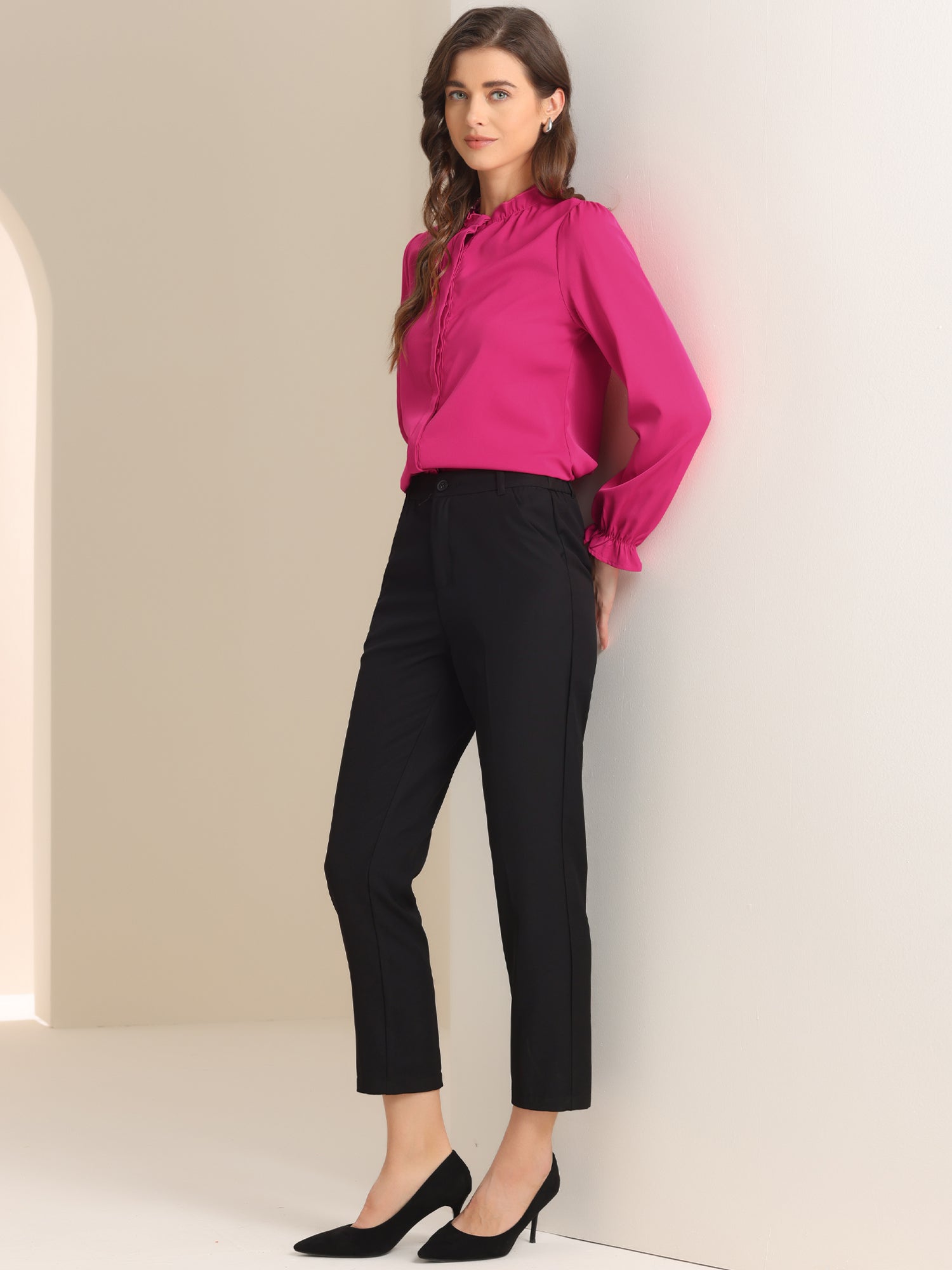 Work Office Blouse Button Up Ruffle Collar Long Sleeve Chiffon Shirt