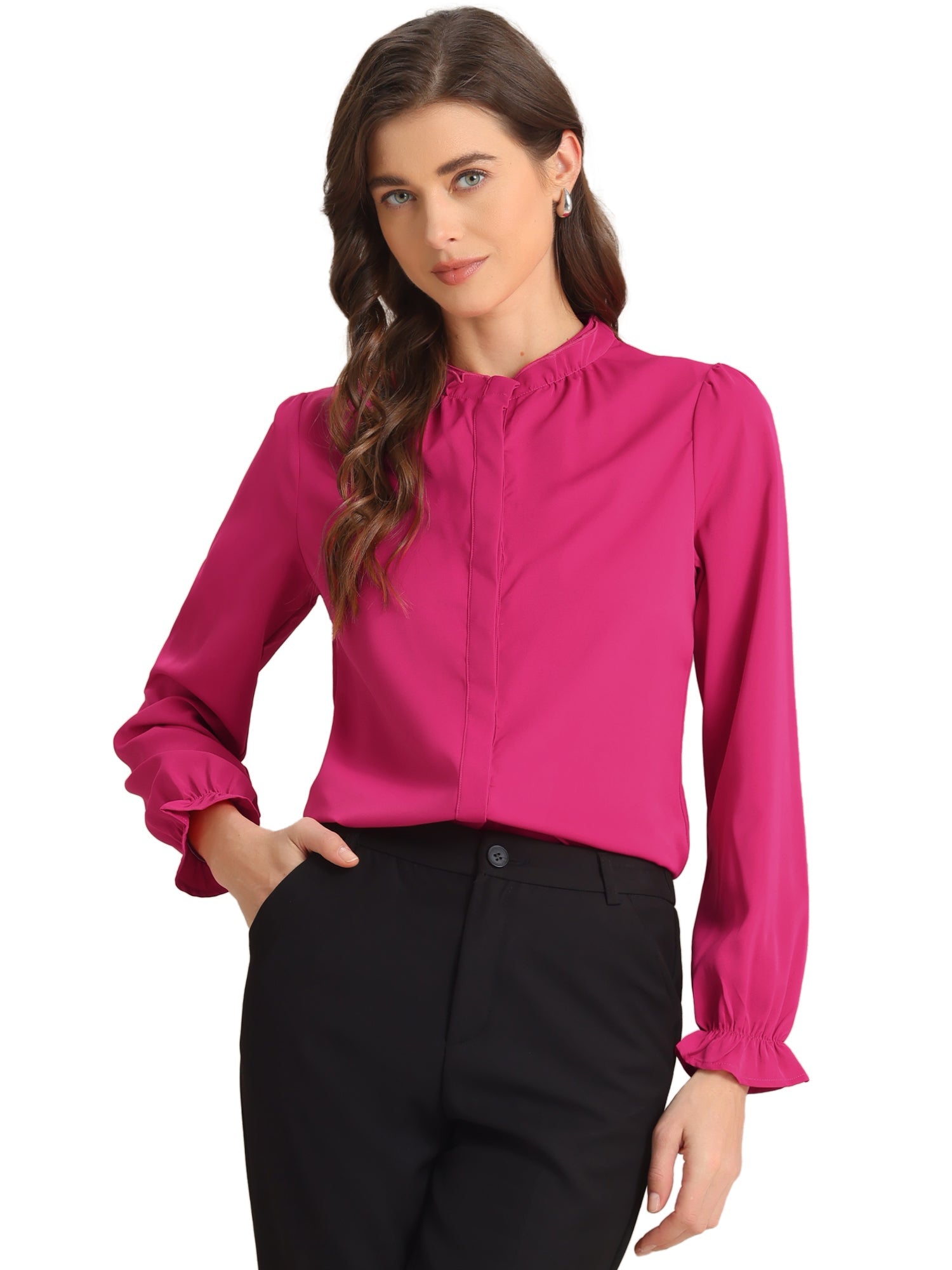 Work Office Blouse Button Up Ruffle Collar Long Sleeve Chiffon Shirt