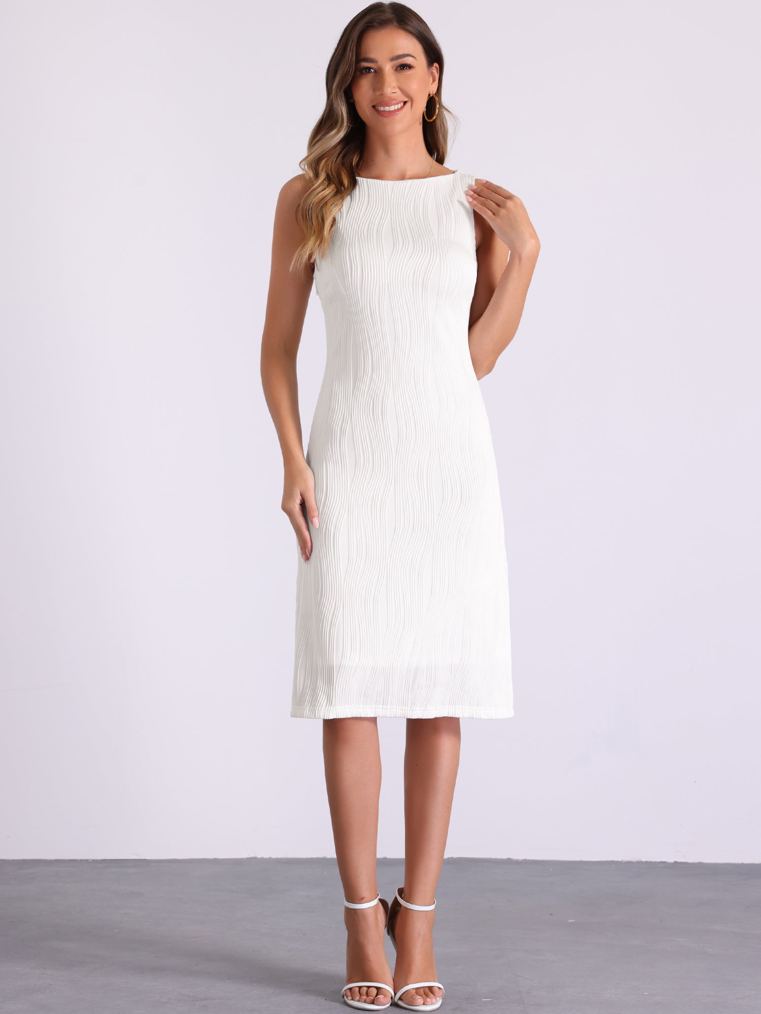 Sleeveless Boat Neck Textured Midi Sheath Dress