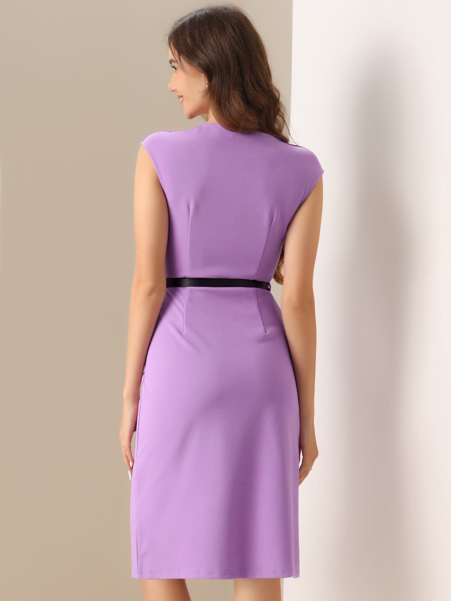 Elegant Business Cap Sleeve Belted Pencil Work Sheath Dress