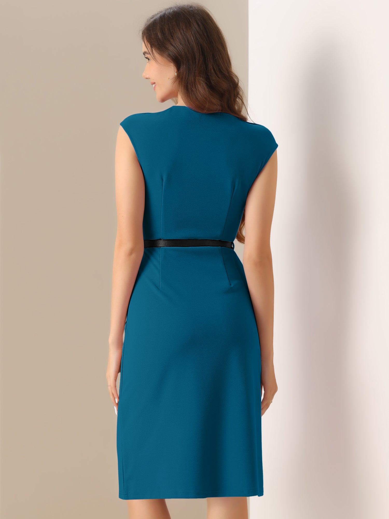 Elegant Business Cap Sleeve Belted Pencil Work Sheath Dress