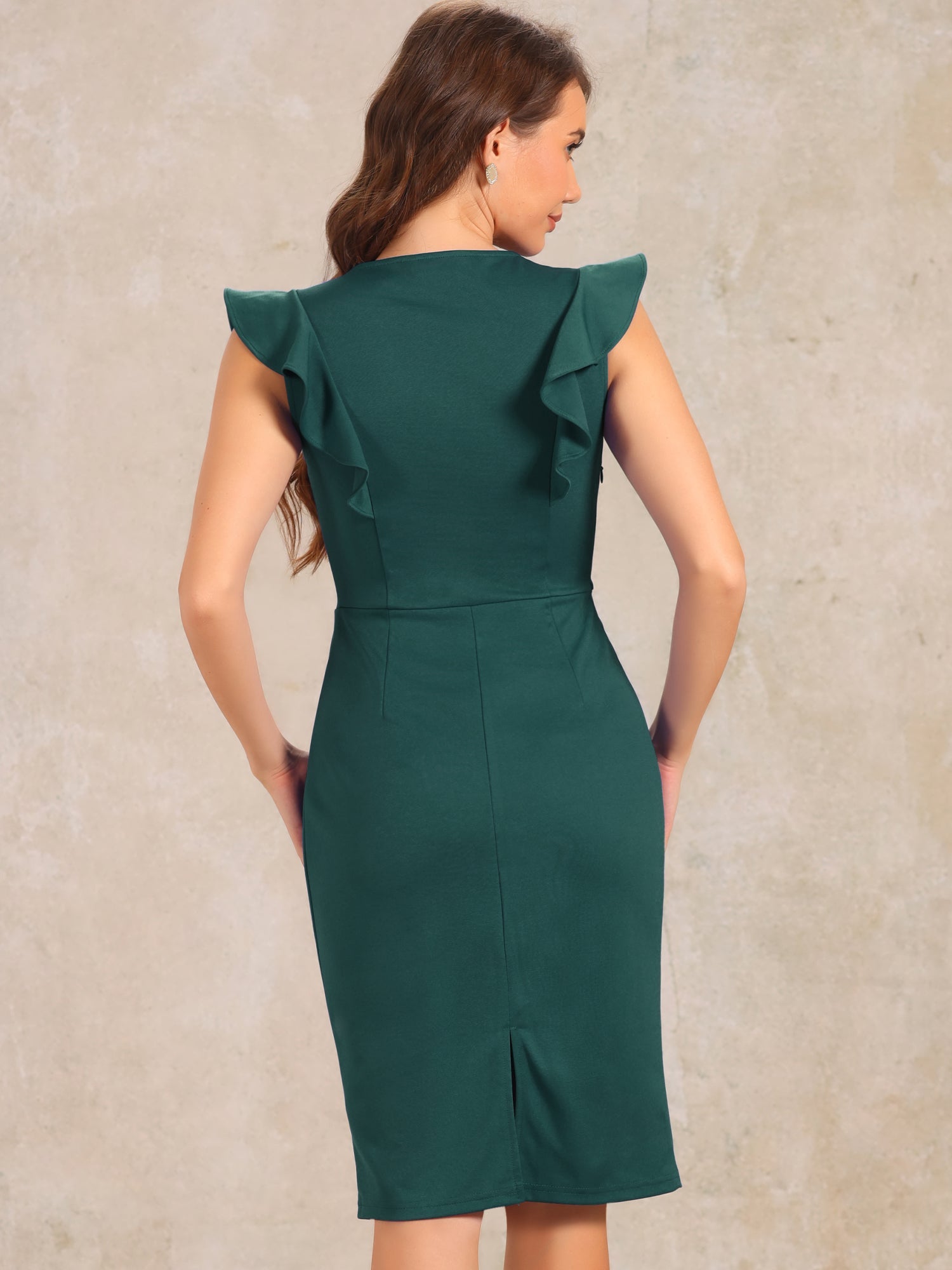 Ruffles V Neck Split Work Pencil Sleeveless Sheath Dress