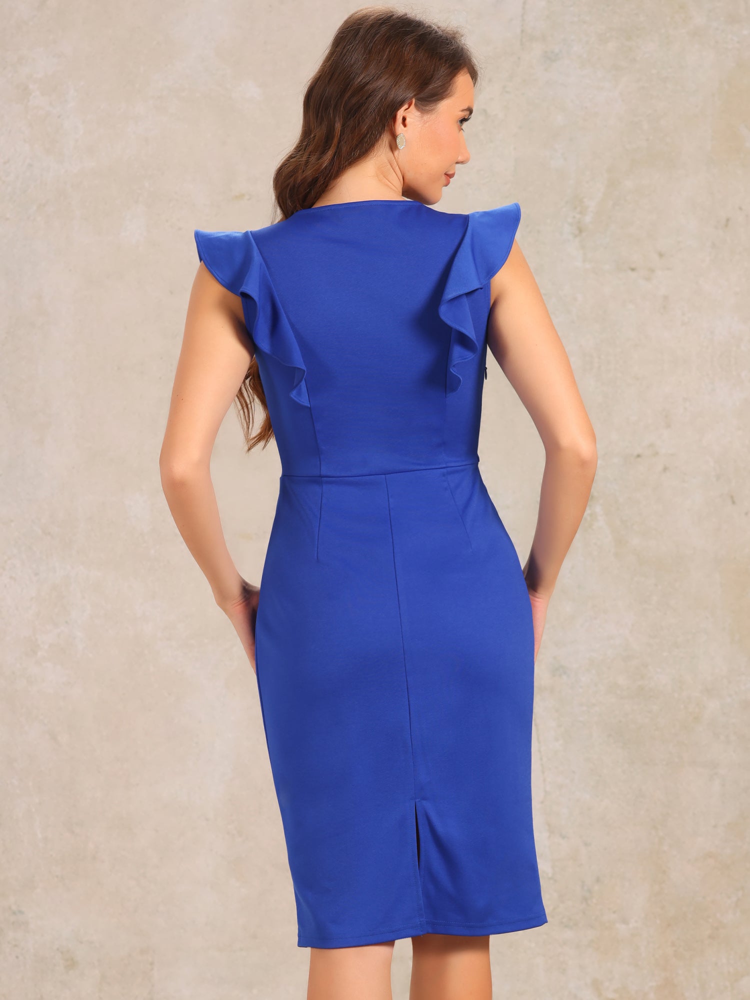 Ruffles V Neck Split Work Pencil Sleeveless Sheath Dress