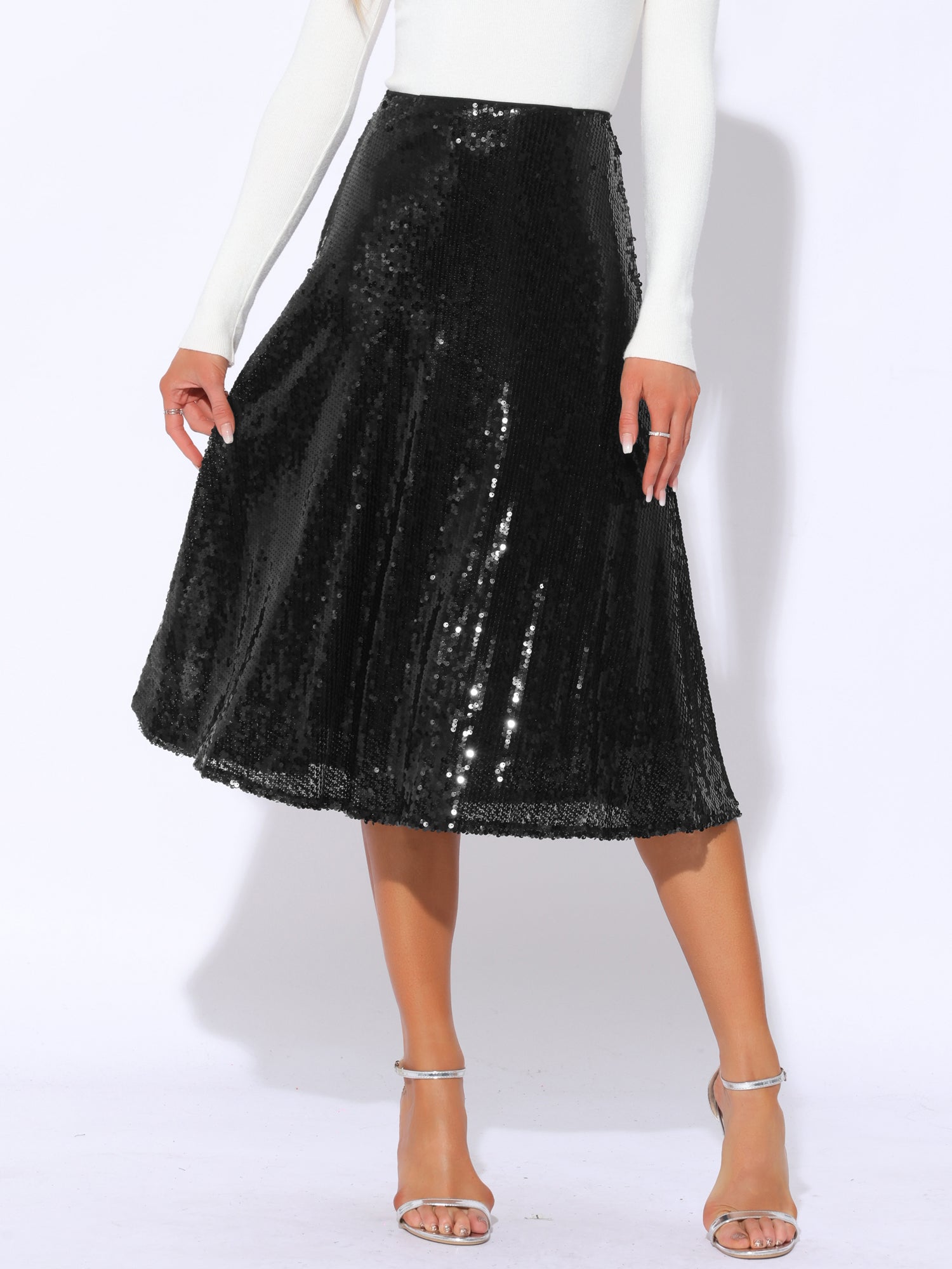 Sequin Sparkly High Waist Glitter Cocktail Party Midi Skirt
