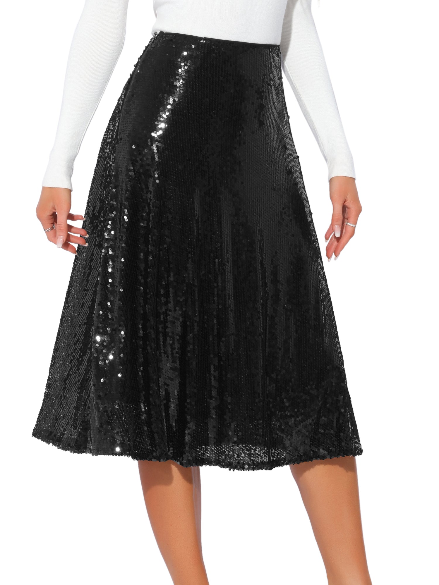 Sequin Sparkly High Waist Glitter Cocktail Party Midi Skirt