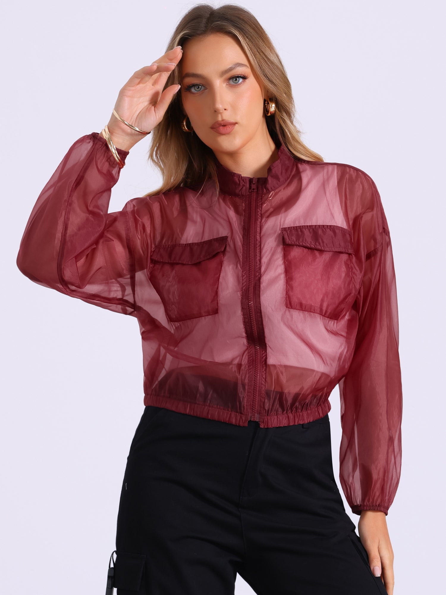 Sheer Zip Up Long Sleeve See Through Bomber Jacket