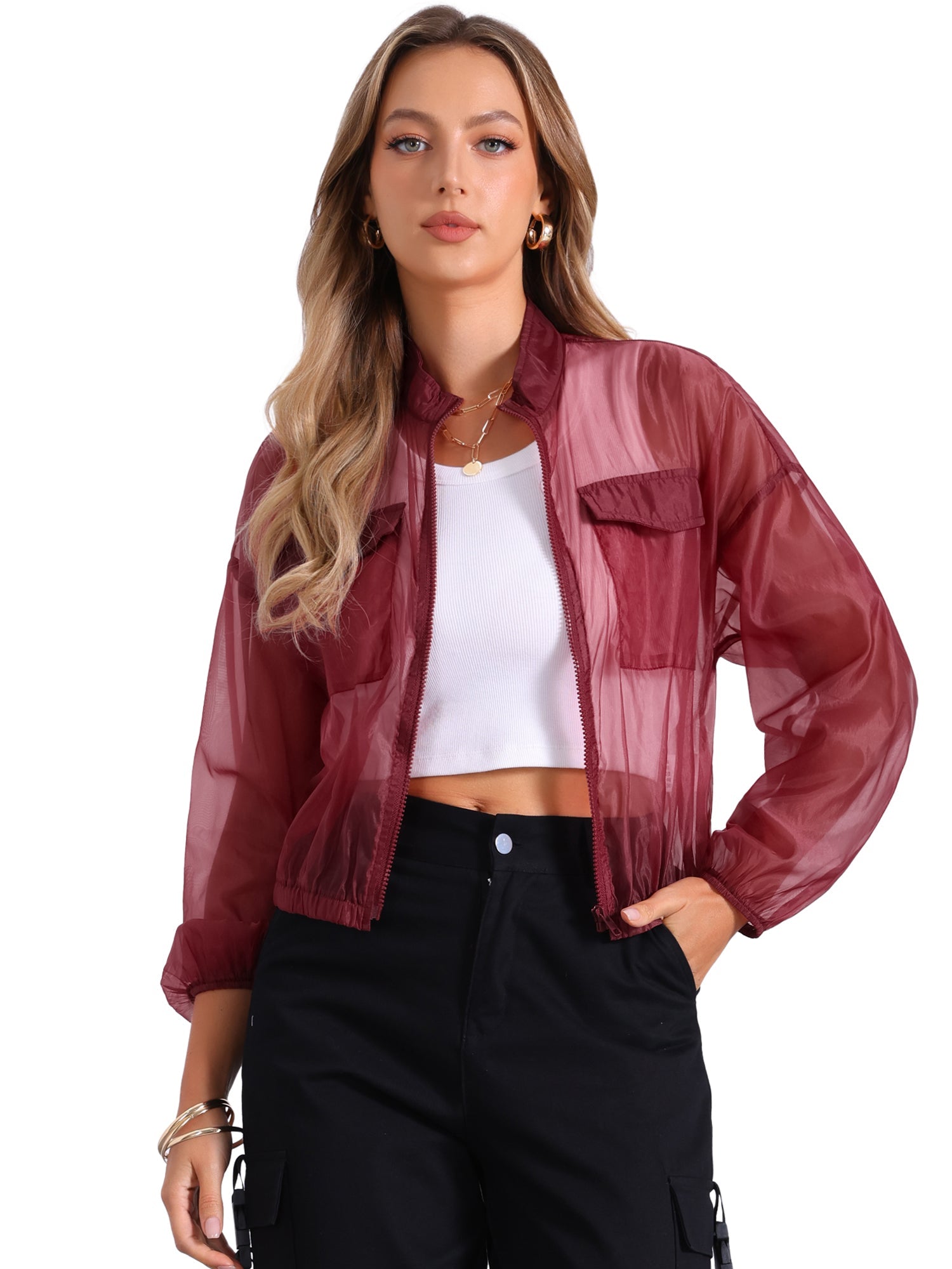 Sheer Zip Up Long Sleeve See Through Bomber Jacket