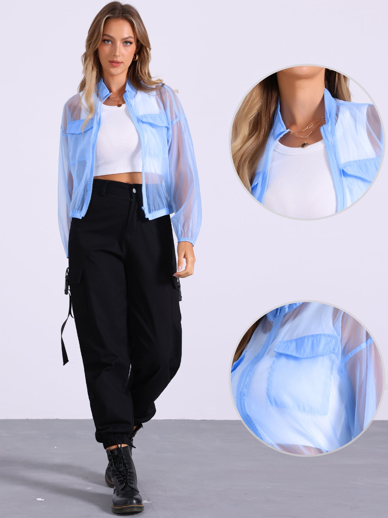 Sheer Zip Up Long Sleeve See Through Bomber Jacket