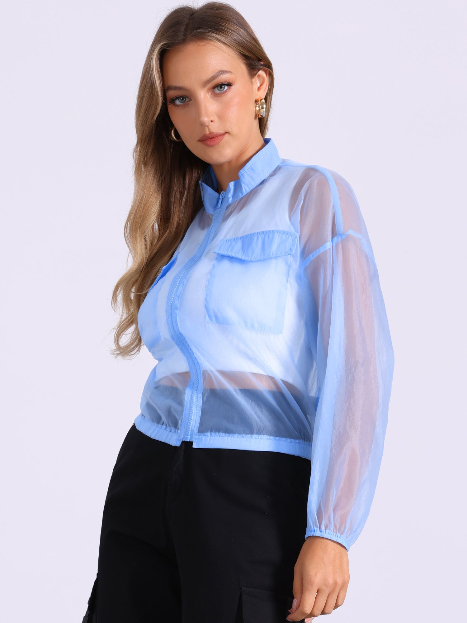 Sheer Zip Up Long Sleeve See Through Bomber Jacket