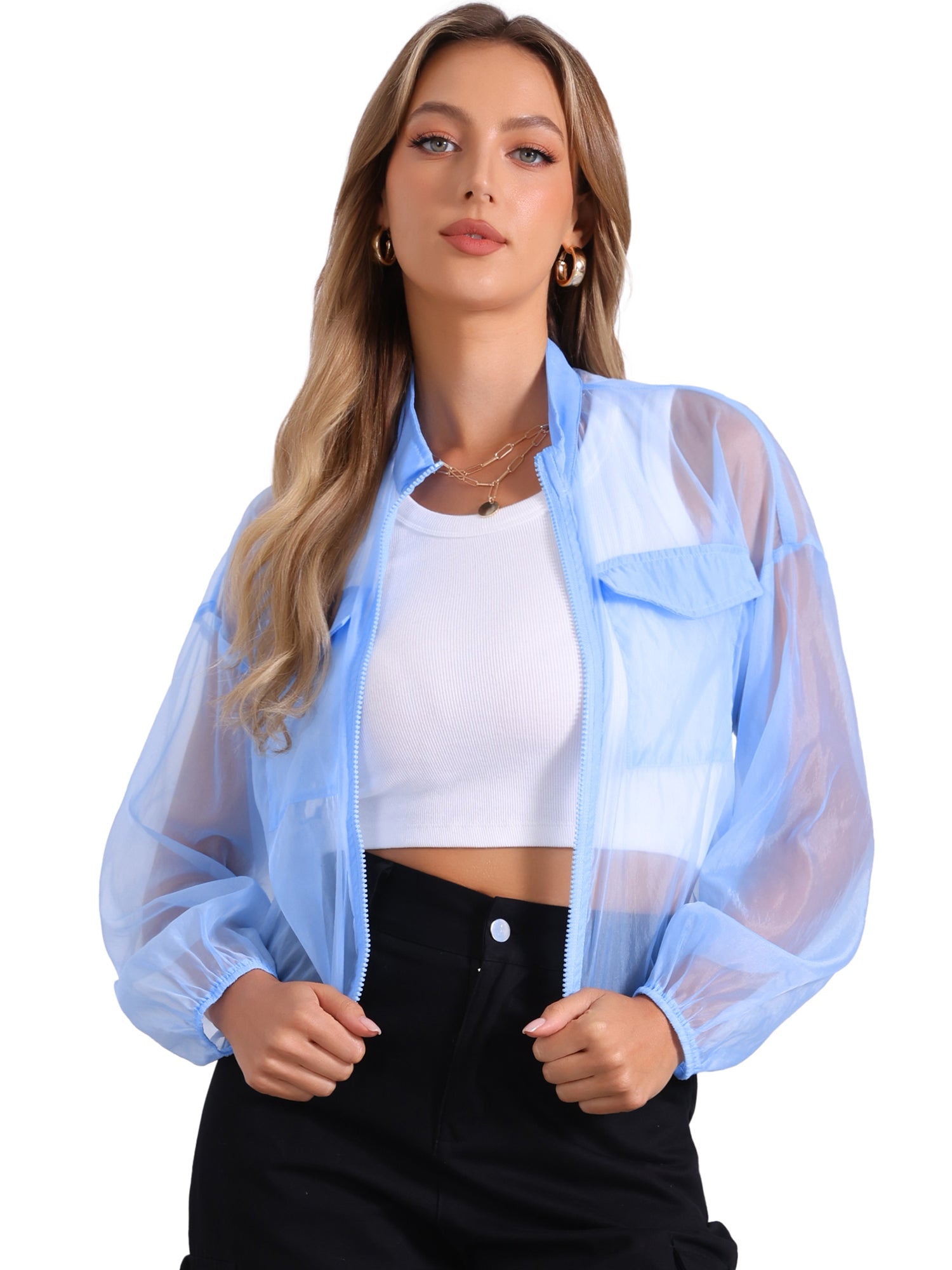 Sheer Zip Up Long Sleeve See Through Bomber Jacket