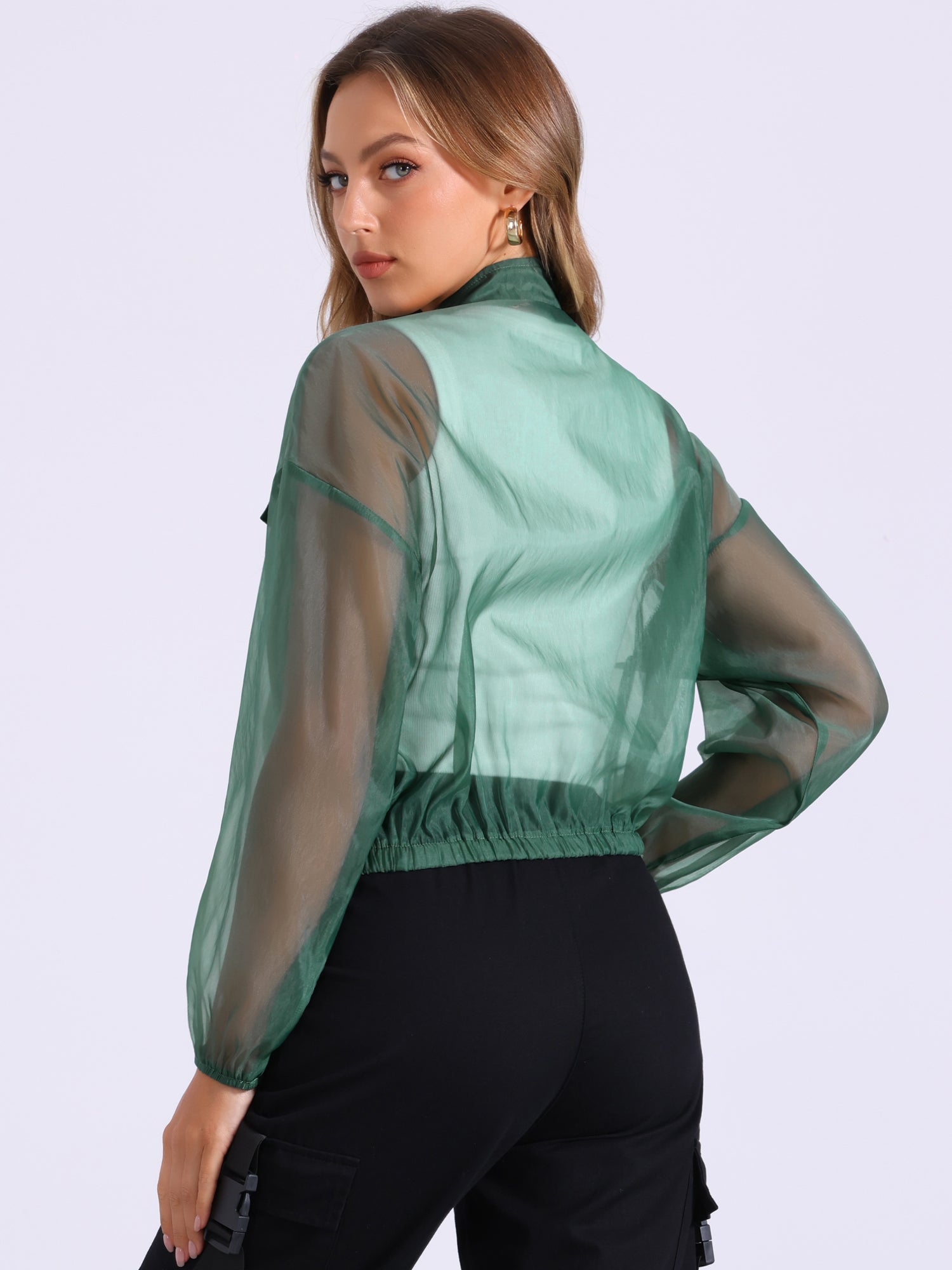 Sheer Zip Up Long Sleeve See Through Bomber Jacket