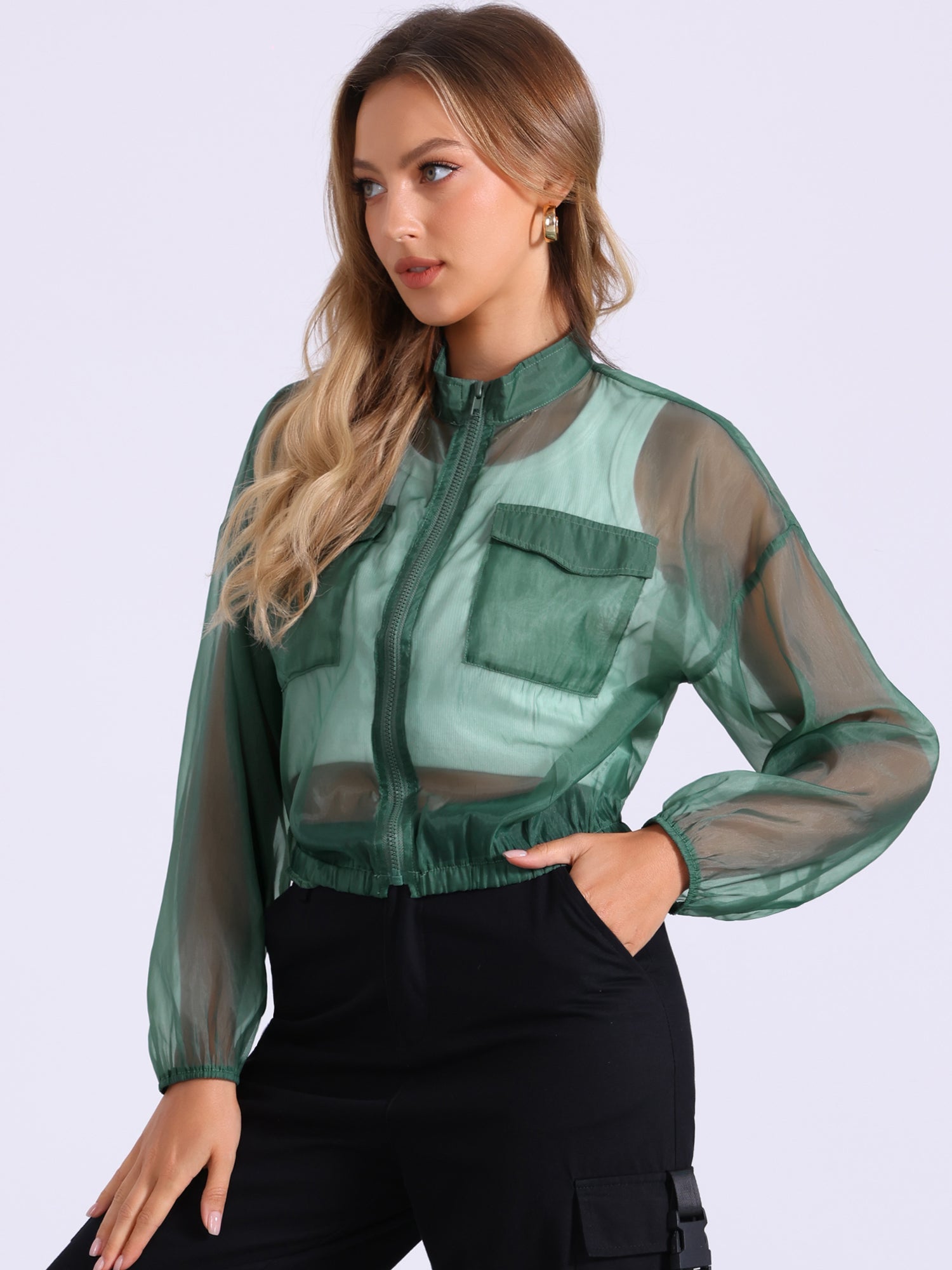 Sheer Zip Up Long Sleeve See Through Bomber Jacket