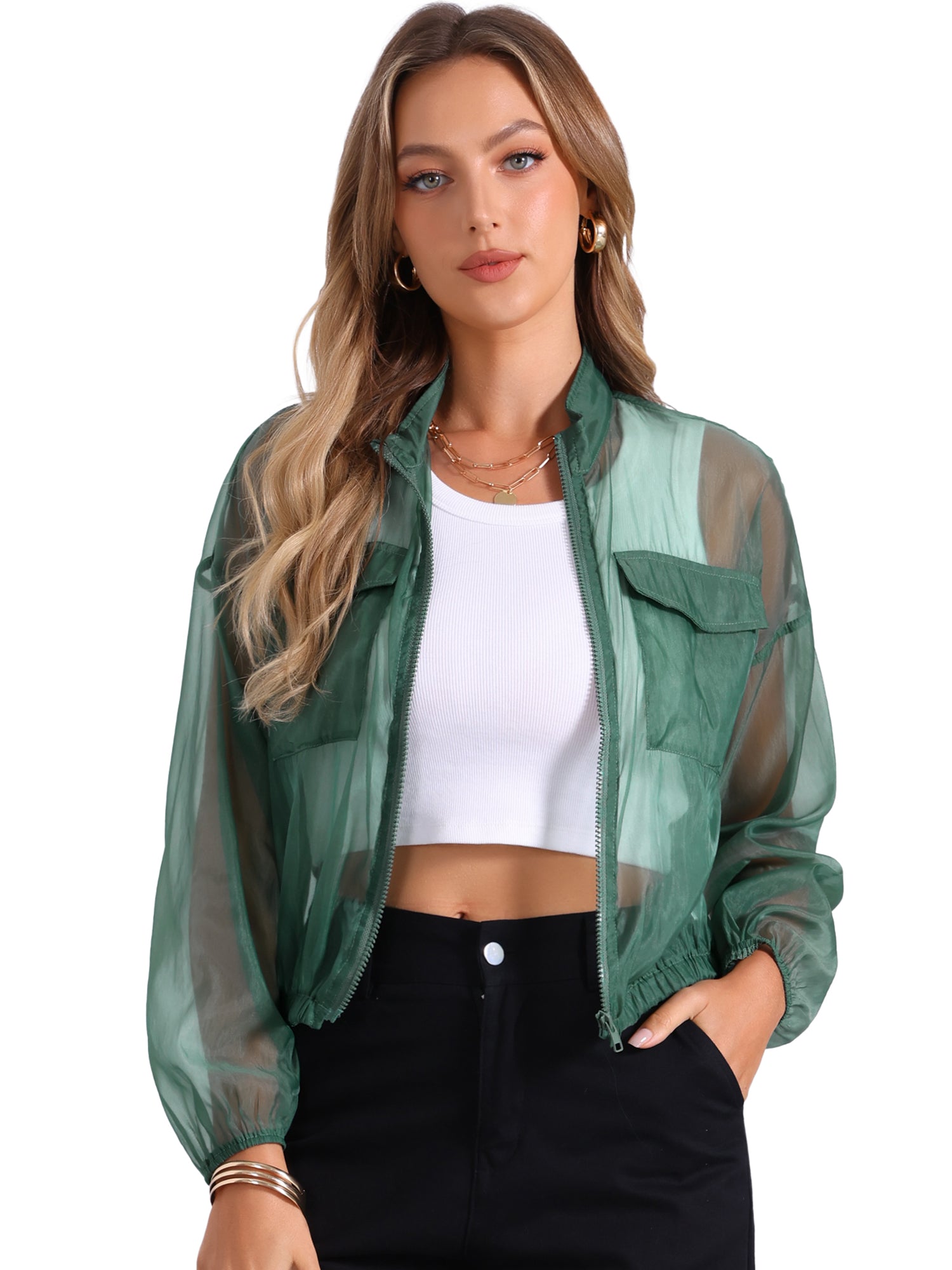 Sheer Zip Up Long Sleeve See Through Bomber Jacket