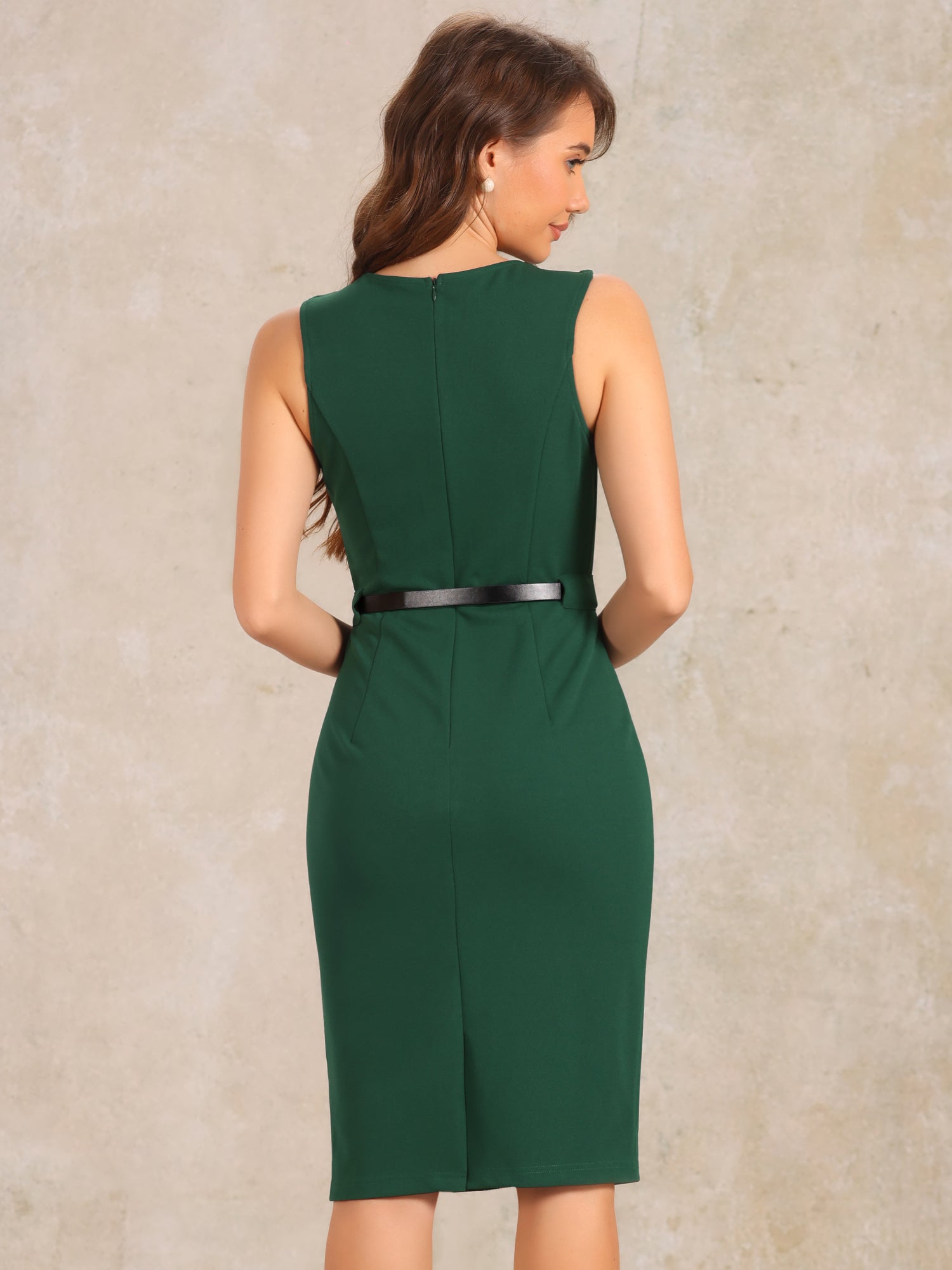 Belted Sheath Round Neck Sleeveless Casual Office Dress