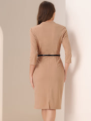Work Office Dress 3/4 Sleeve Belted Sweetheart Neck Sheath Dress