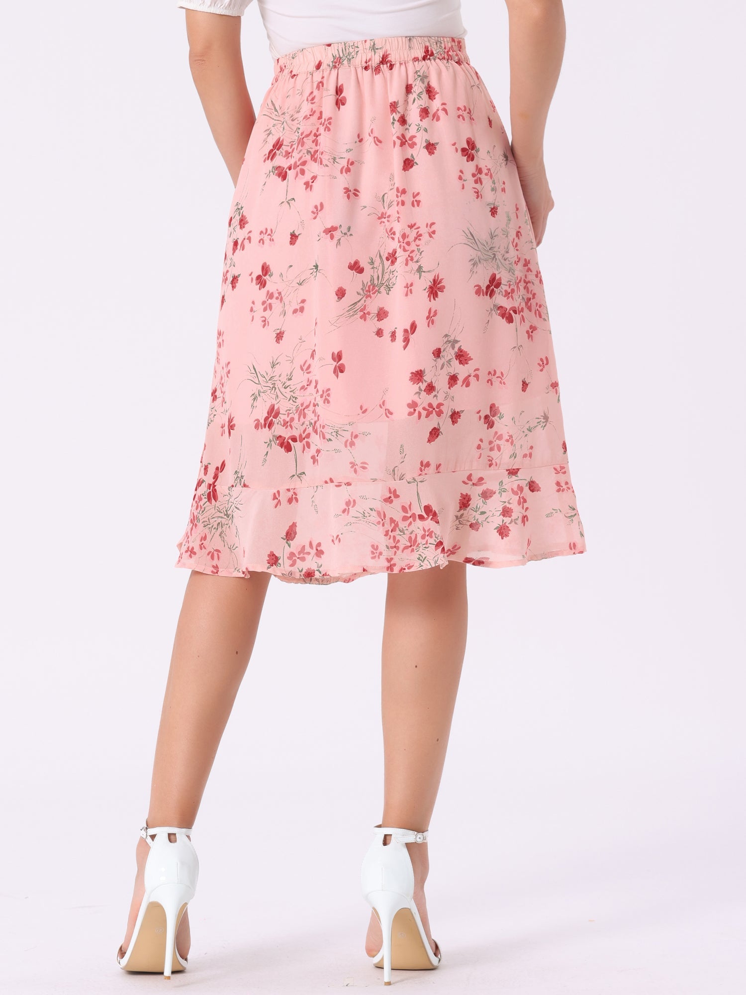 Floral Ruffle Elastic High Waist Button Flowy Split Midi Skirt