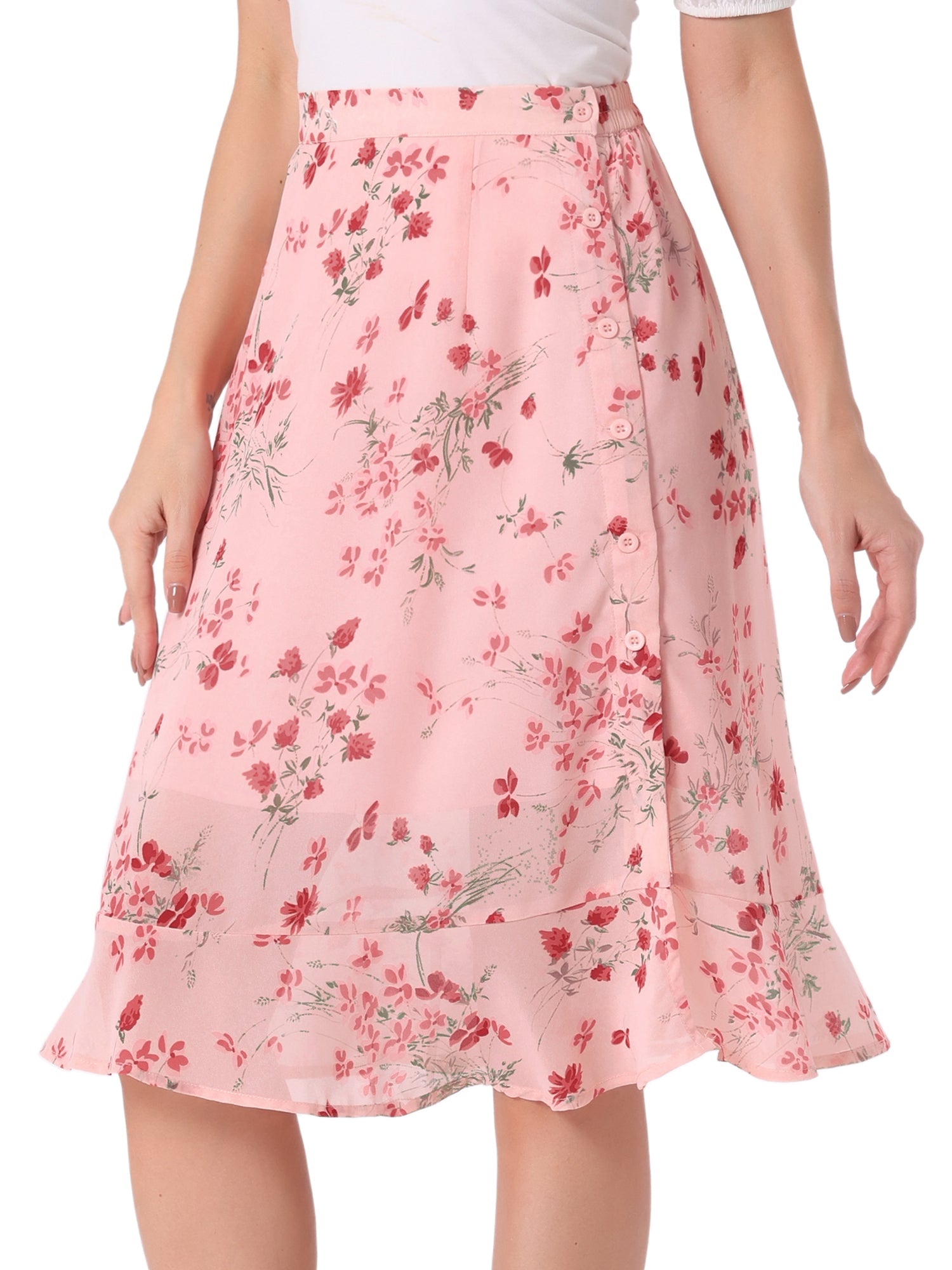 Floral Ruffle Elastic High Waist Button Flowy Split Midi Skirt