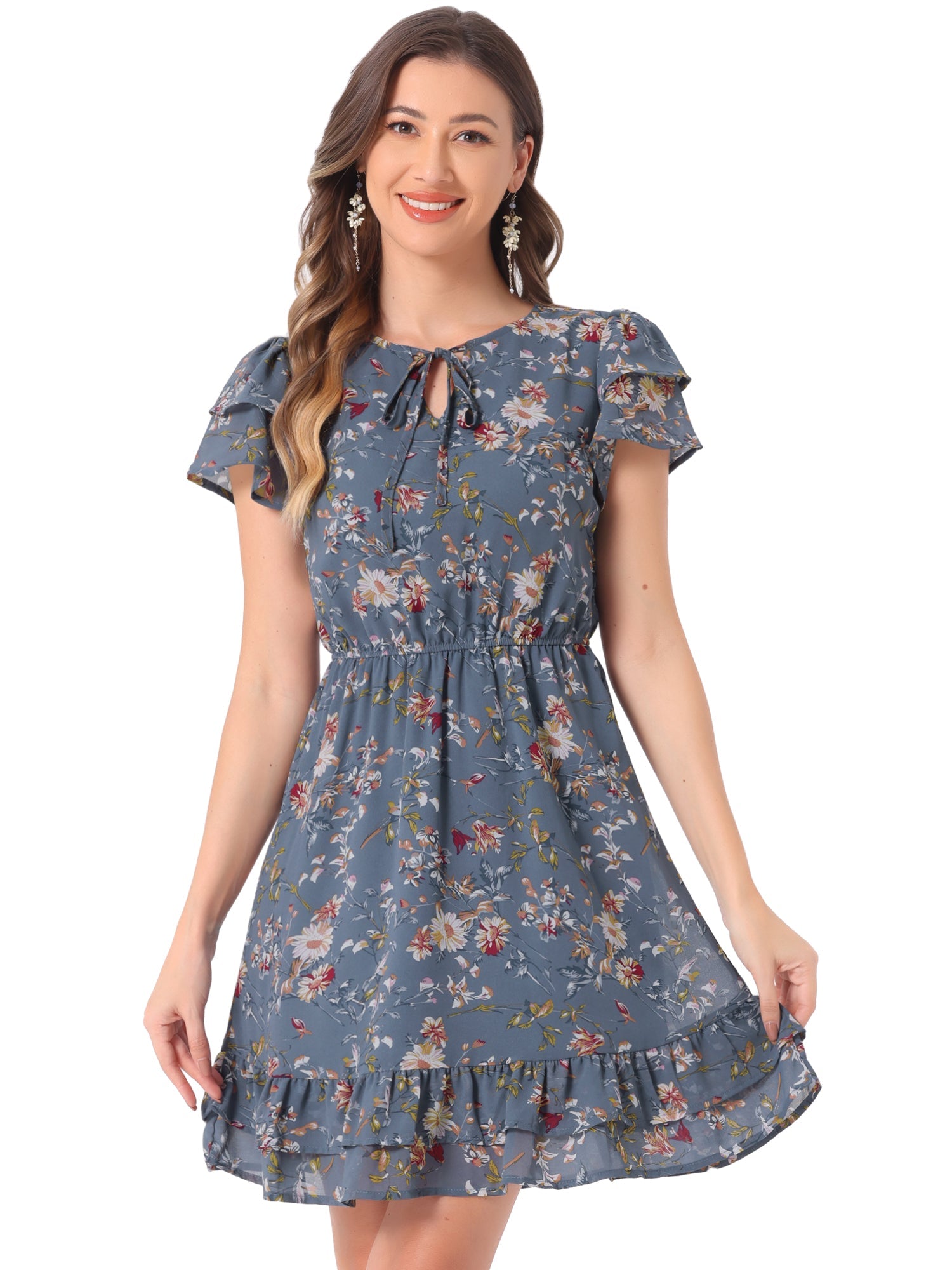 Ruffle Sleeve V Neck Above Knee A-Line Floral Chiffon Dress