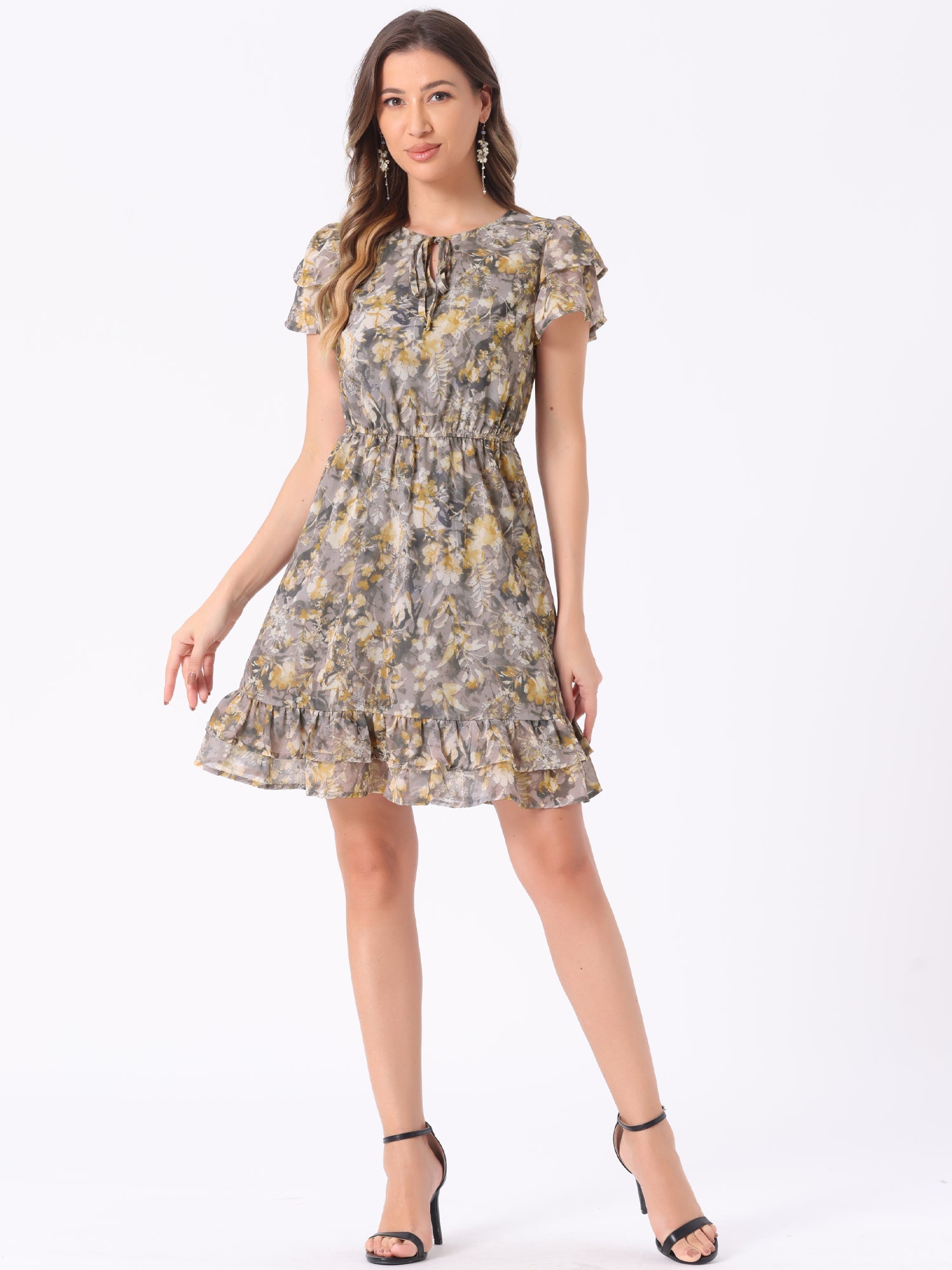 Ruffle Sleeve V Neck Above Knee A-Line Floral Chiffon Dress